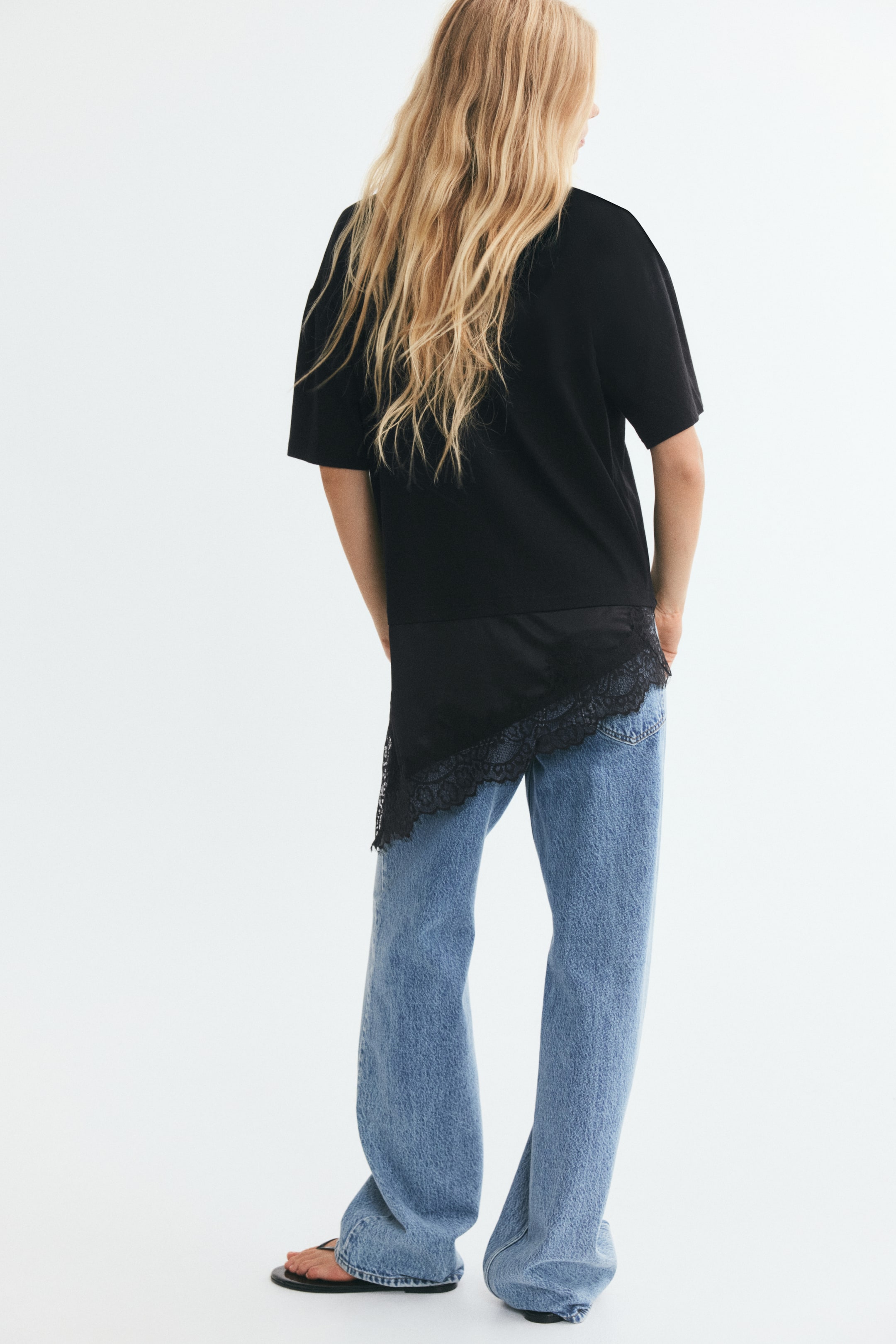 Lace-Trimmed Asymmetric T-Shirt