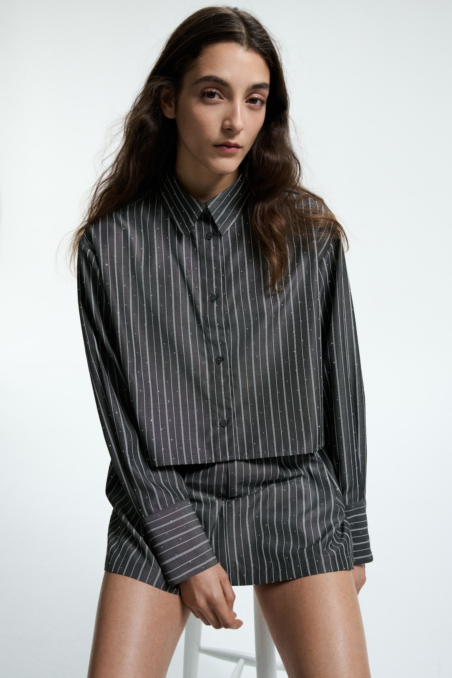 Short Embellished Shirt - Dark gray/striped - 2