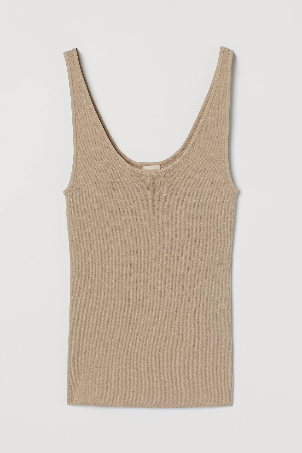 Knitted vest top - Deep neckline - Sleeveless - Beige - Ladies | H&M GB