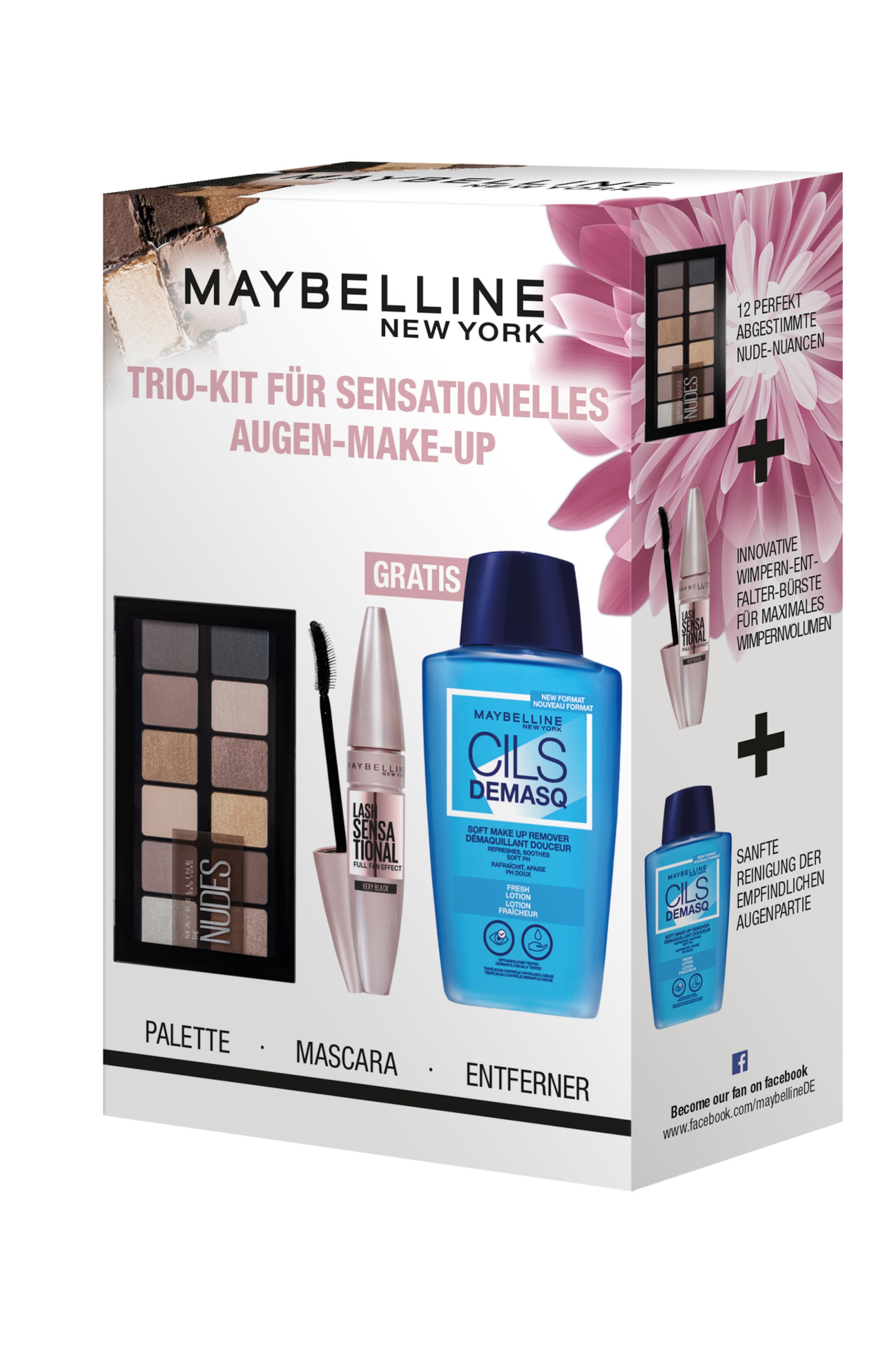 Größeres Bild ansehen: Ein Maybelline Augen-Makeup-Trio-Set ist leicht nach links geneigt und präsentiert seinen Inhalt auf einer weißen und rosa Schachtel. Das Set zeigt eine schwarze 12-Farben 'NUDES' Lidschatten-Palette, eine roségoldene 'LASH SENSATIONAL' Mascara mit entferntem Bürstchen und zwei blaue 'CILS DEMASQ' Makeup-Entferner-Flaschen in unterschiedlichen Größen.