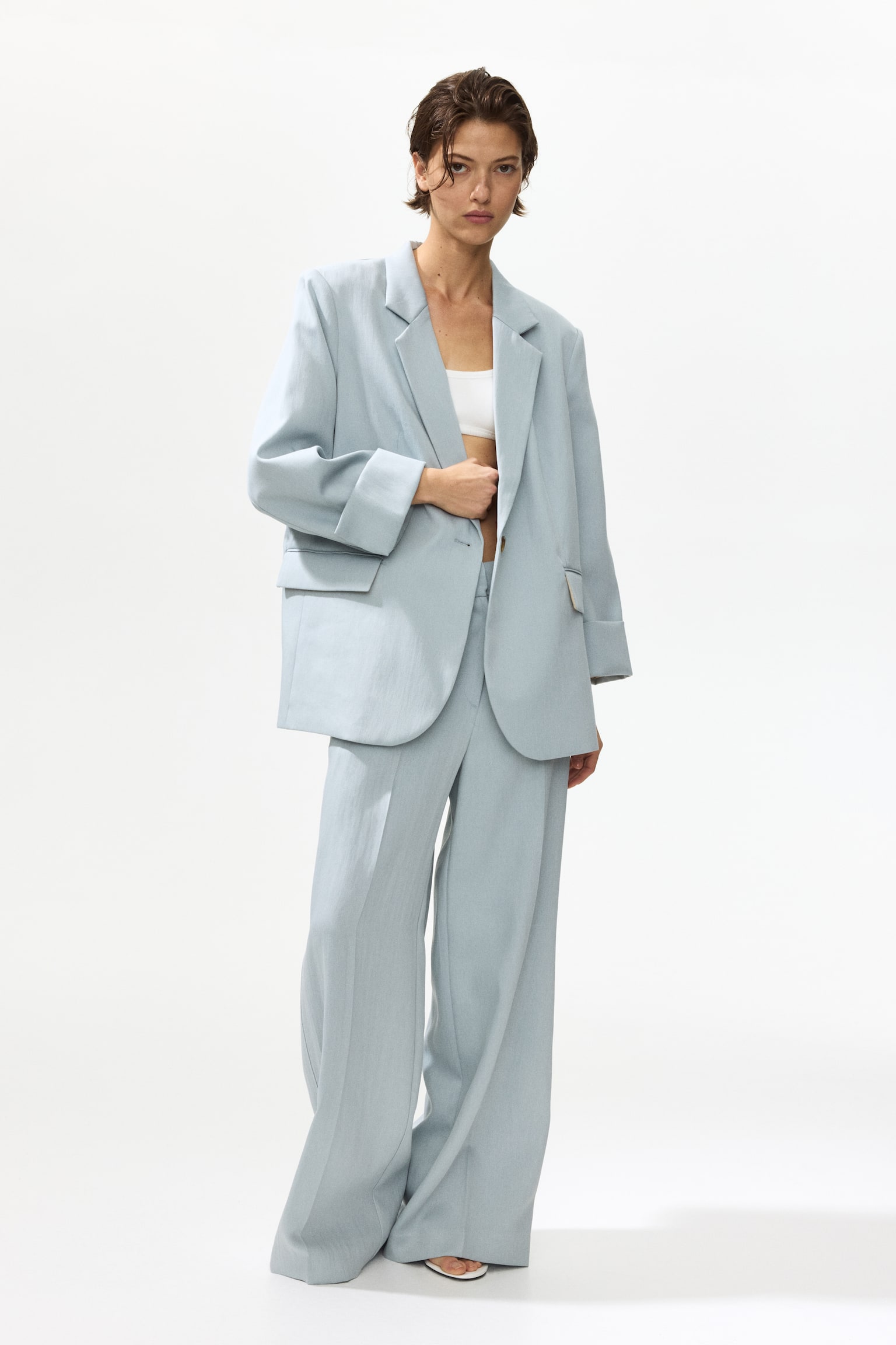 Linen-blend blazer - Light turquoise/Plum purple/Cream - 3