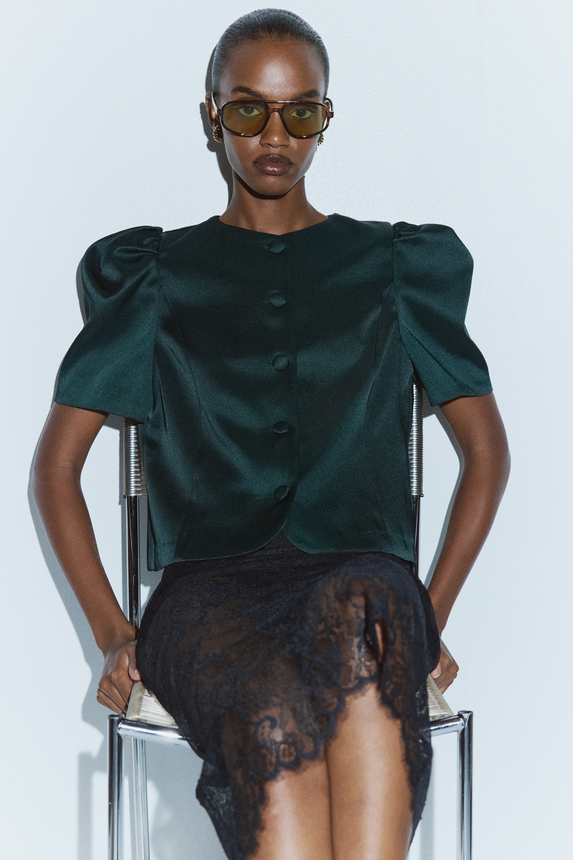 H & M - パフスリーブブラウス - グリーン