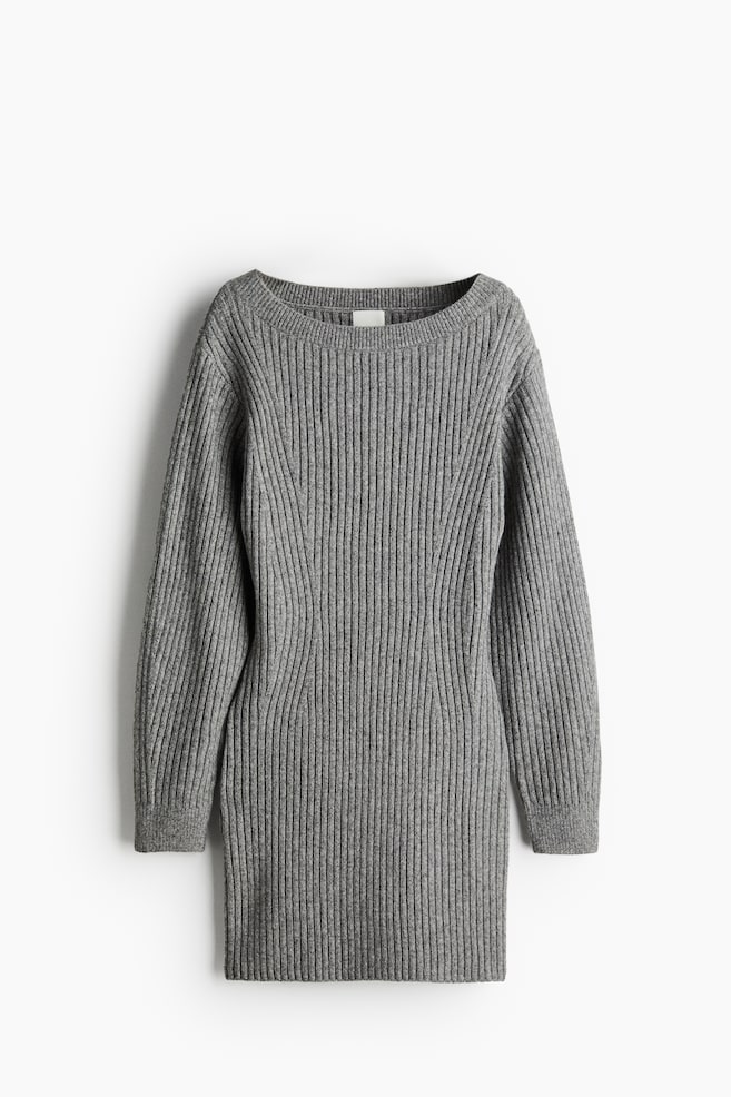 Rib-knit boat-neck dress - Grey marl/Black/Cream - 1