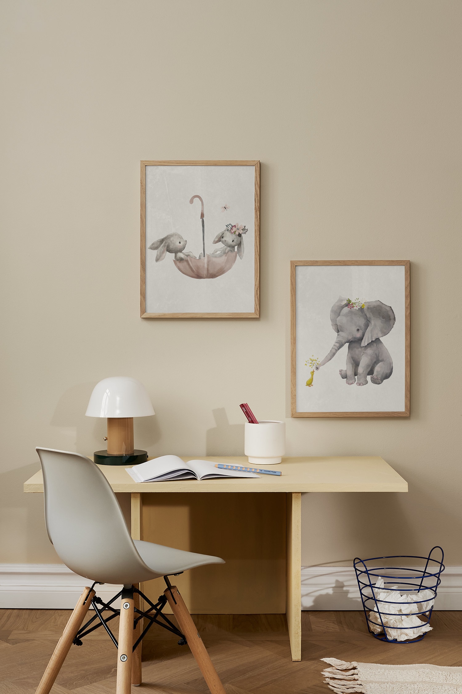 Animal Friends Aquarelle Poster Set - Grau/rosa