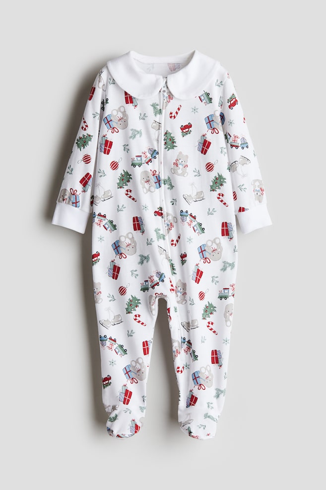 Collared zip-up sleepsuit - White/Christmas/White/Floral - 1