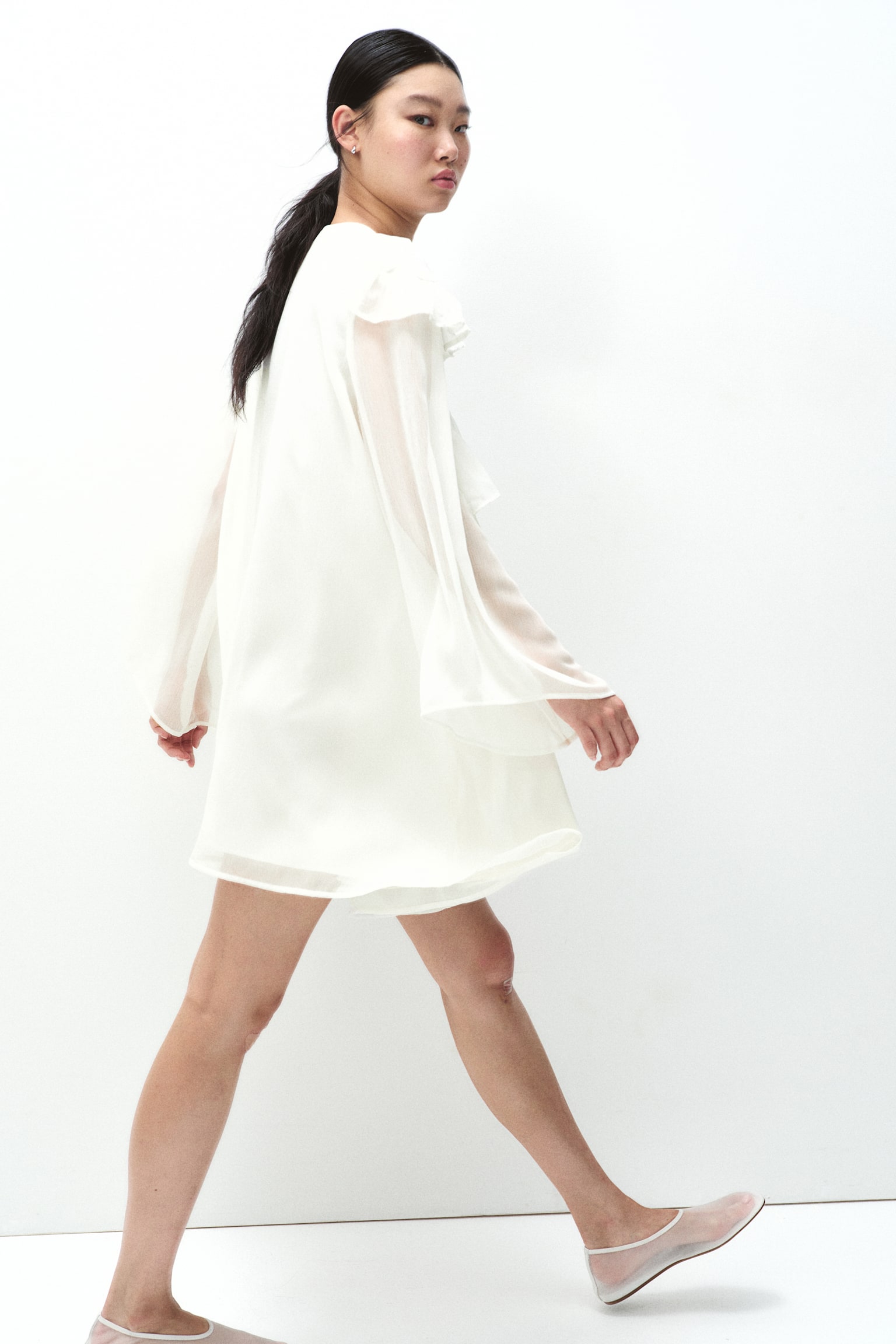 Frill-trimmed chiffon tunic dress - Cream/Dark brown/Floral - 6