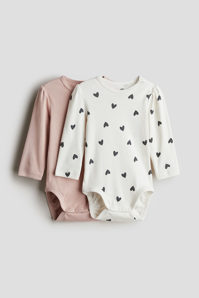 2-pack Long-sleeved Bodysuits - Light pink/hearts/Beige/giraffes/Navy blue/dinosaurs/Light grey/Elephants/Light pink/cherries/Dark beige/bears/Dark green/vehicles - 1