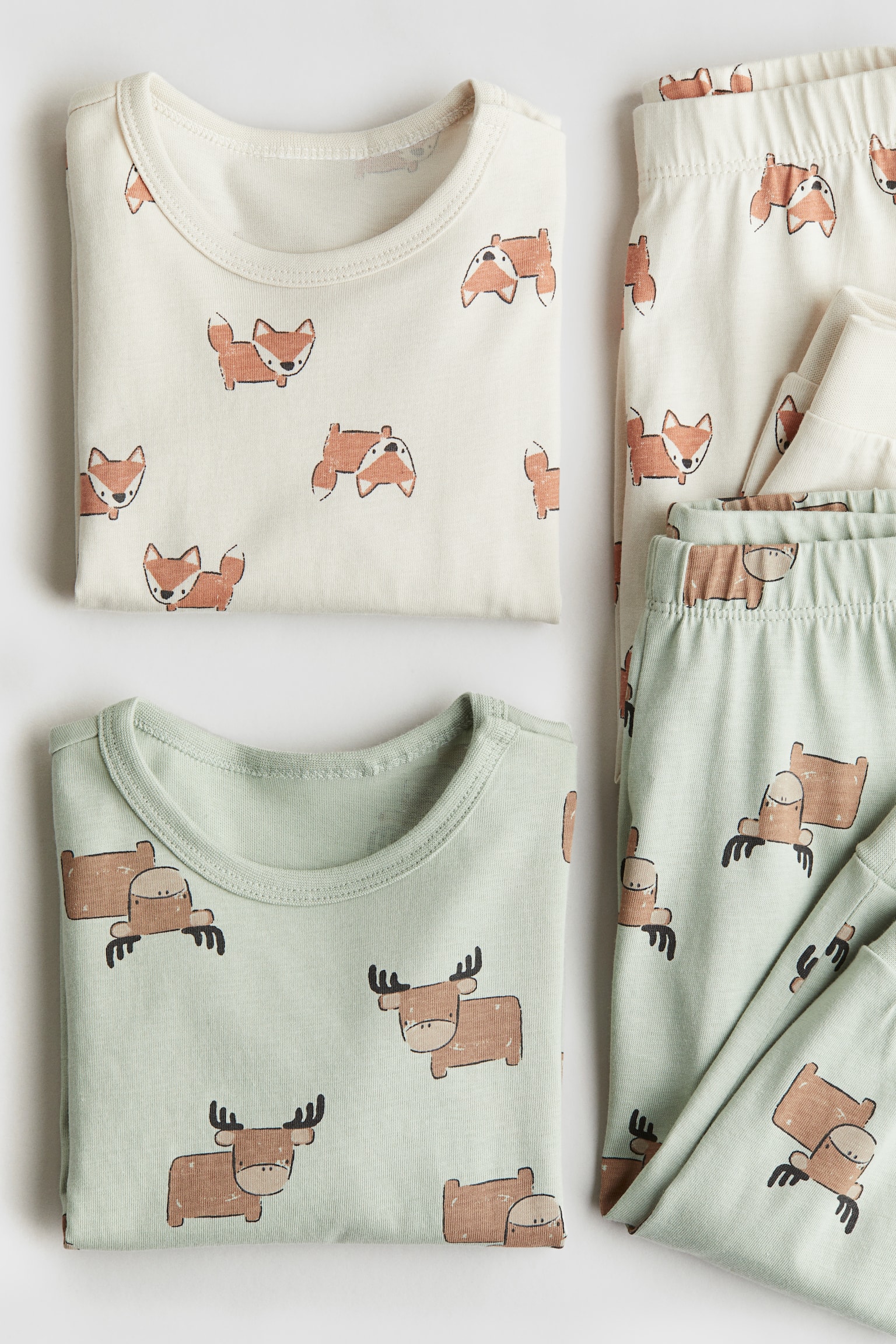 2-pack printed cotton pyjamas - Light dusty green/Animals/Dark grey/Dogs/White/Deer fawns/Light beige/Patterned - 2