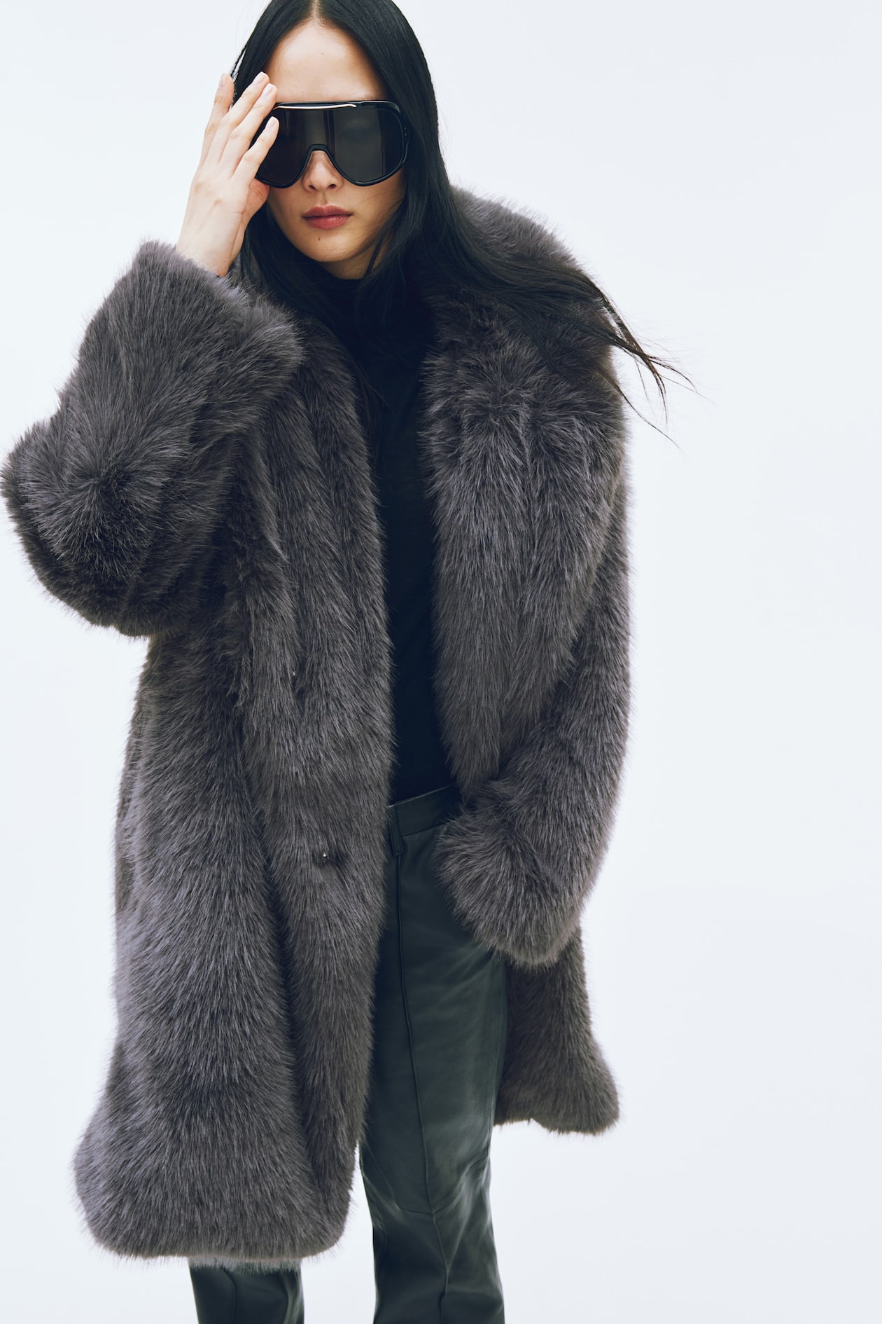 Grey H And M Faux Fur Fluffy Coat Dark Grey Ladies H&M IN
