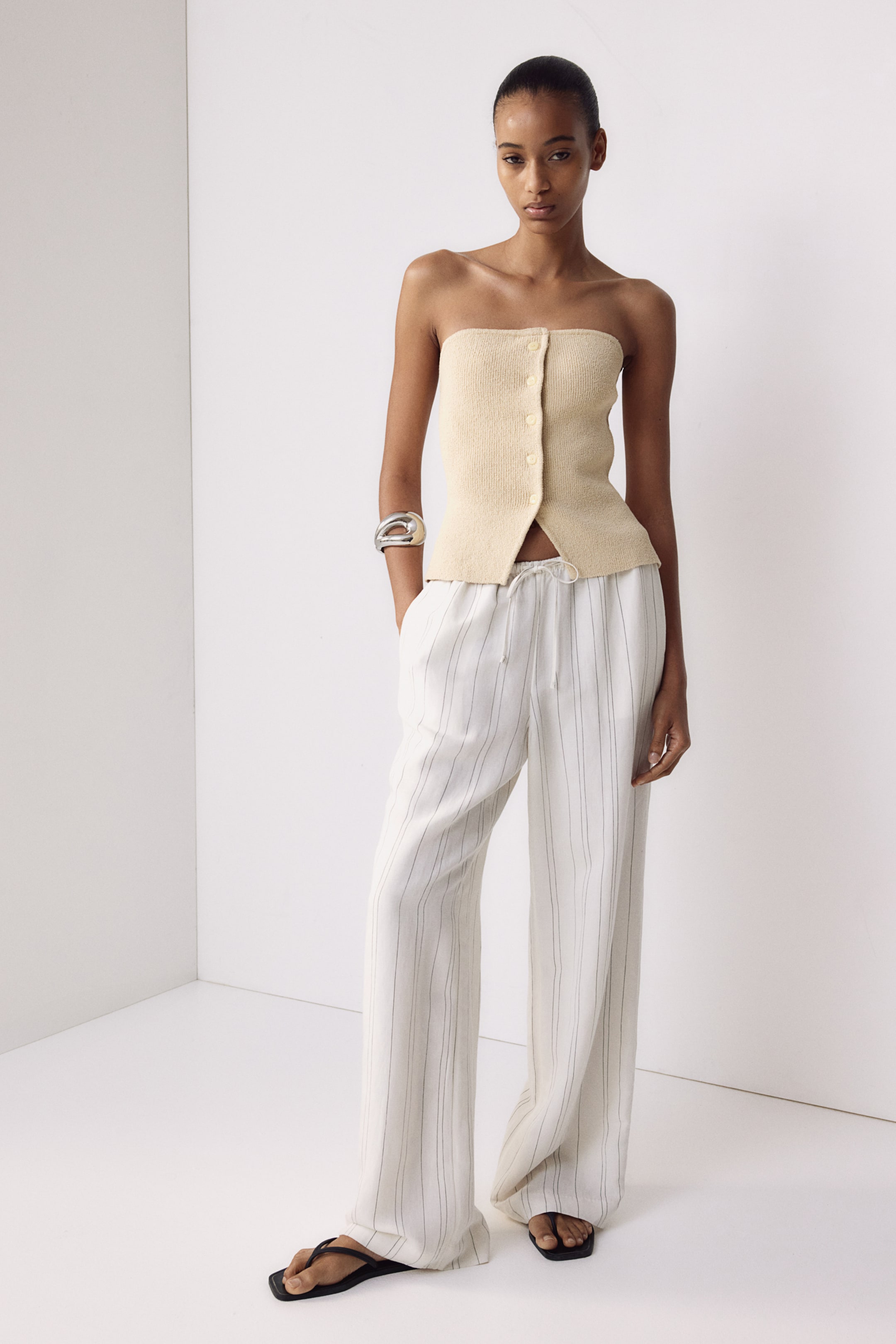 Linen-blend trousers - Cream/Pinstriped - Ladies | H&M GB