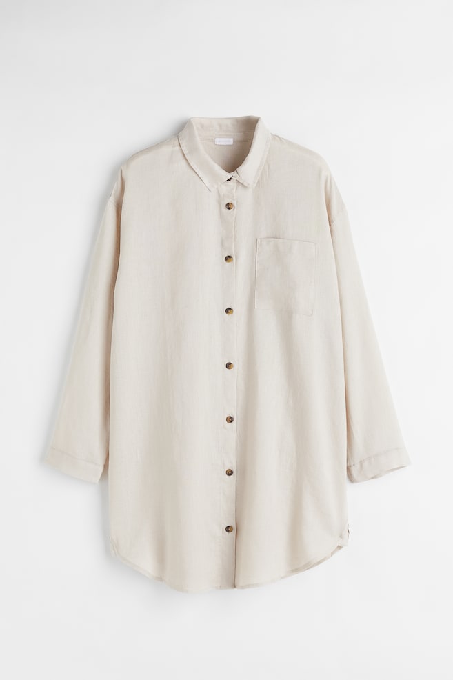 Nattskjorte i vasket lin - Lys beige/Hvit/Antrasittgrå - 1