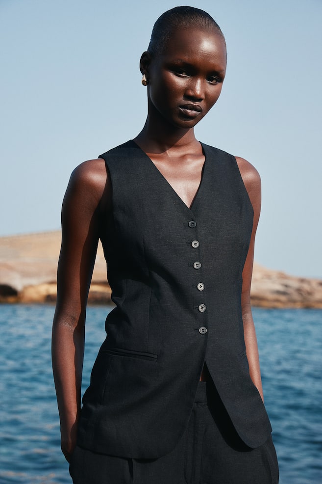 Linen-blend suit waistcoat - Black/Beige - 1