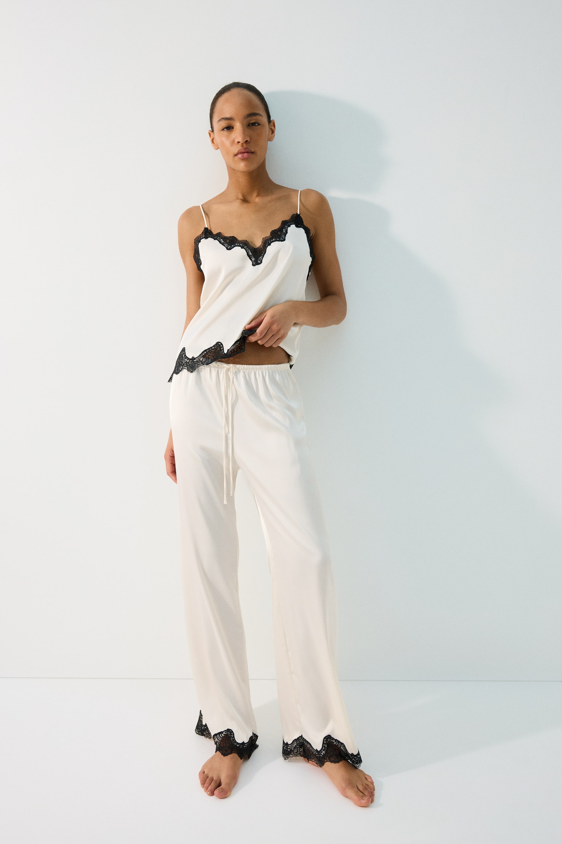 Lace-Trimmed Satin Pajamas