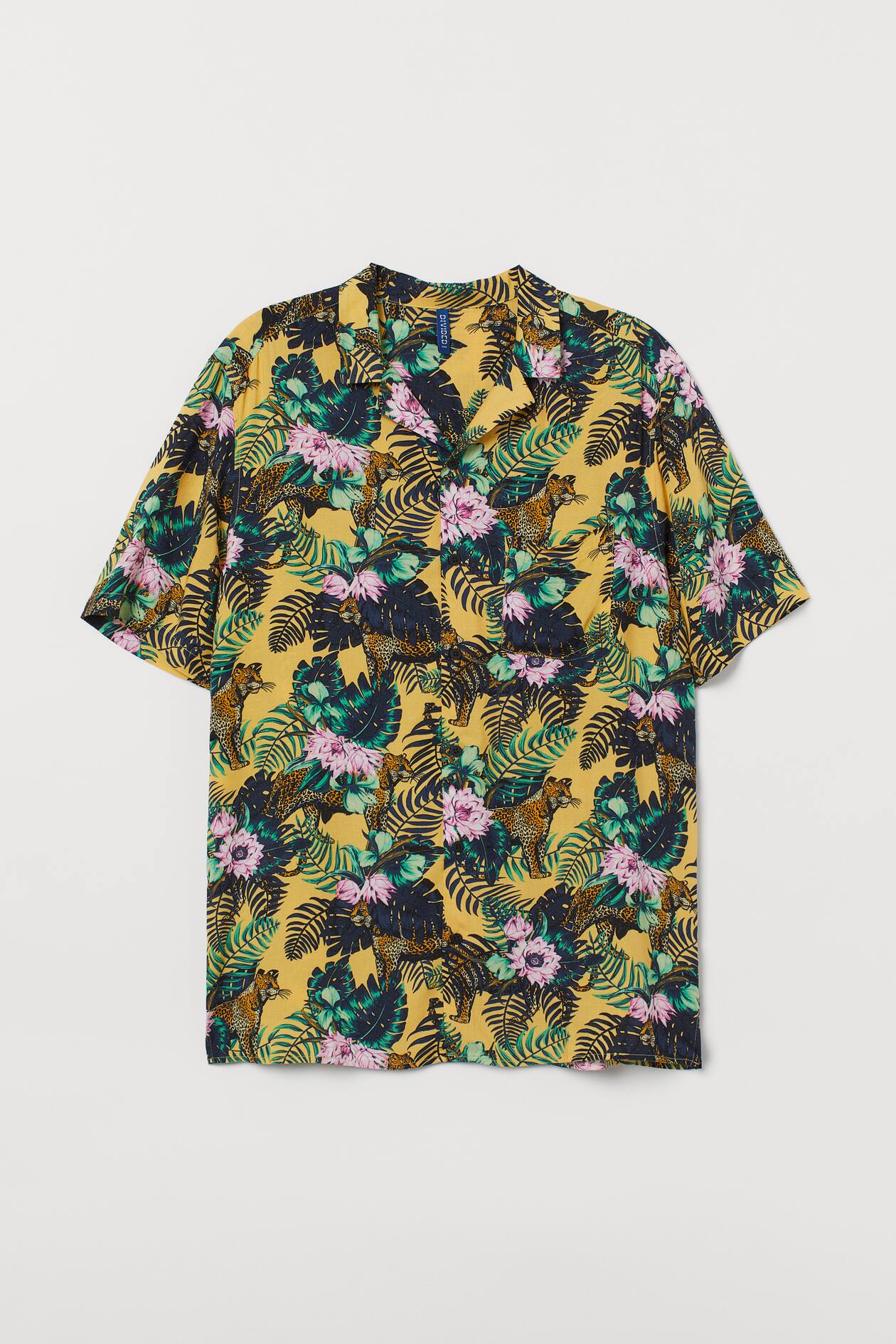 Patterned Resort Shirt - Short sleeve - Yellow/leopards - Men | H&M US