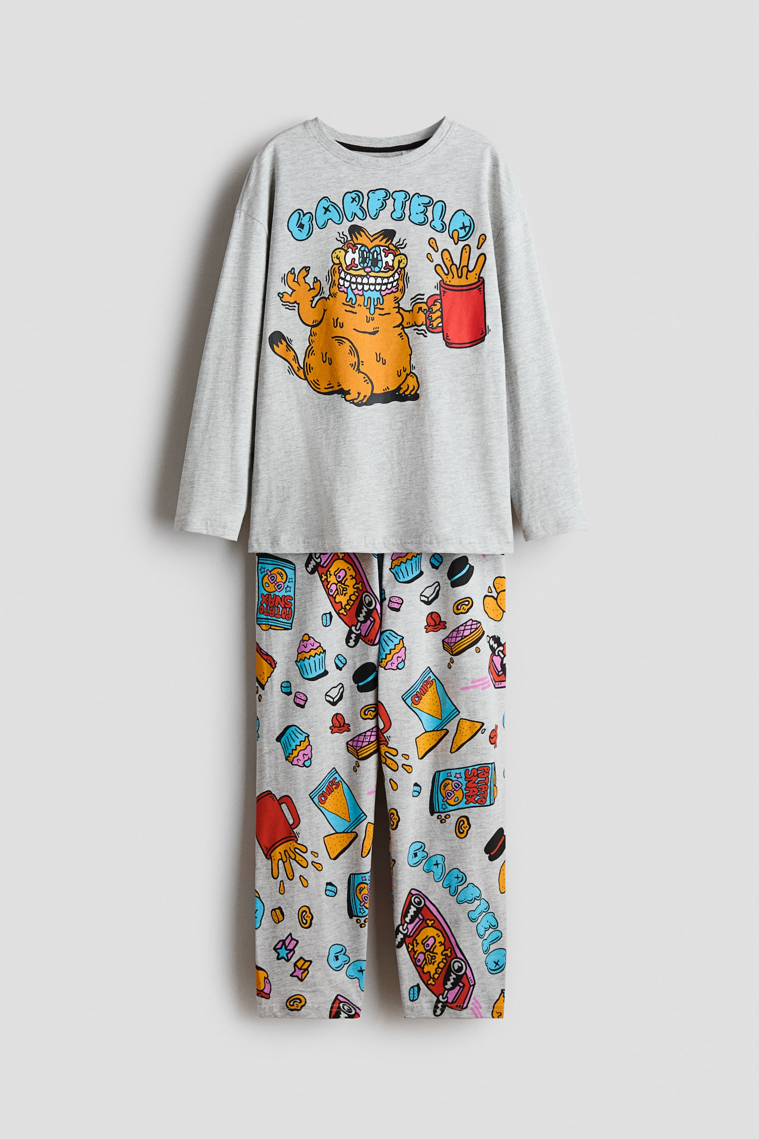 Print-motif cotton pyjamas - Grey marl/Garfield