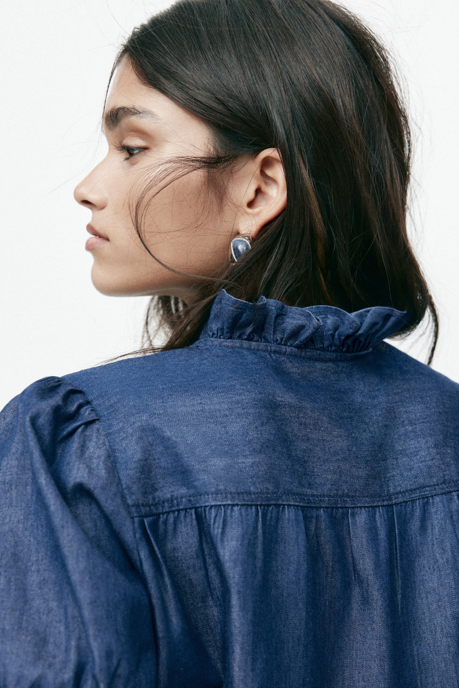 Frill-trimmed denim blouse - Dark denim blue - 6