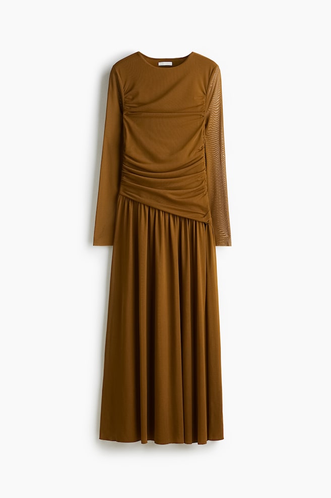 Vestido drapeado de malla - Oliva dorado/Marrón oscuro/Lunares - 1