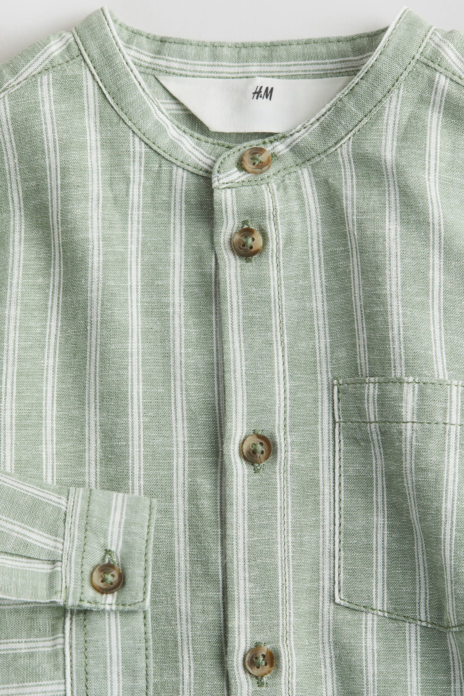 Linen Blend Grandad Shirt - Green/Stripe/Light blue/Stripe/White - 3