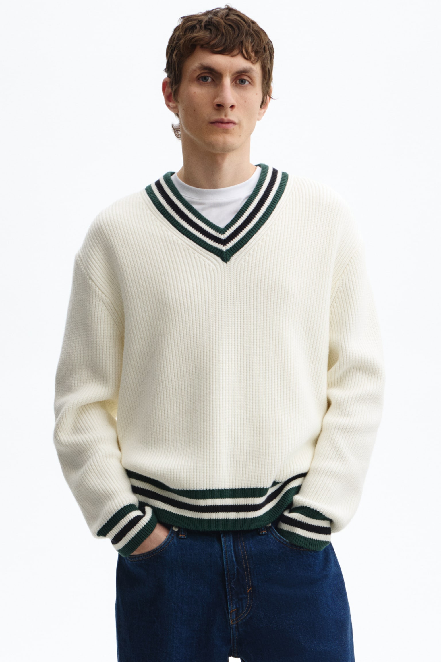 Relaxed Fit Rib-knit jumper - Cream/Stripes - 1