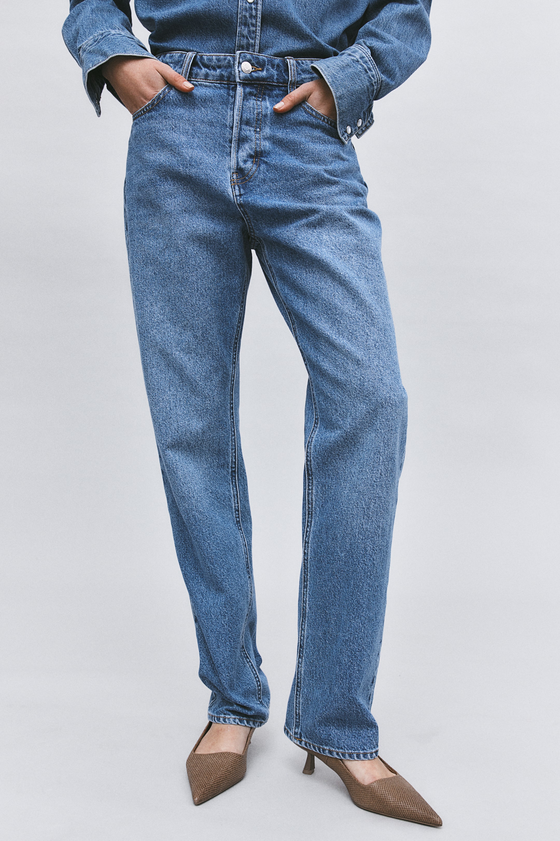 Straight High Jeans - High waist - Long - Medium denim blue - Ladies ...