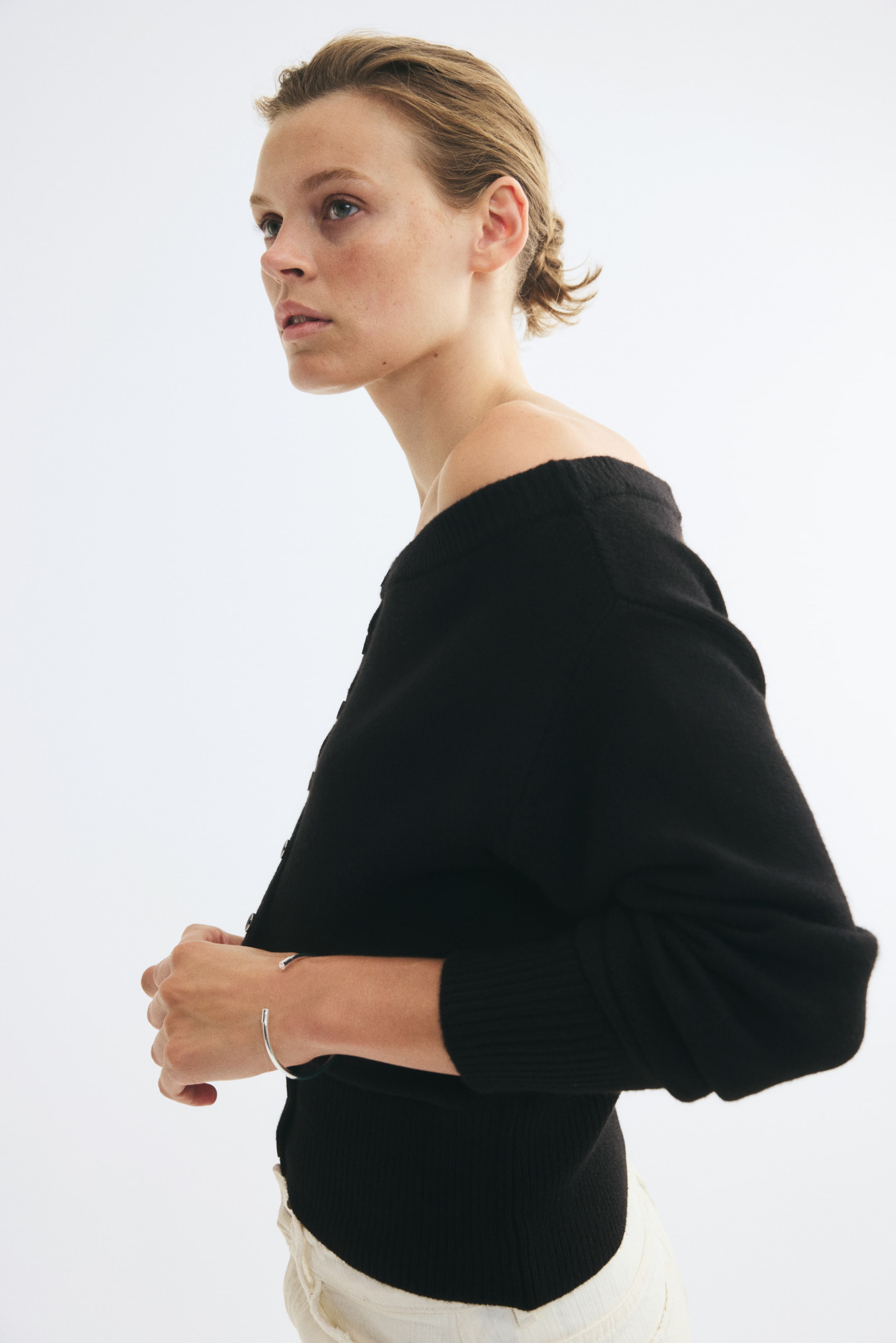 Bouclé-Knit Off-the-Shoulder Cardigan
