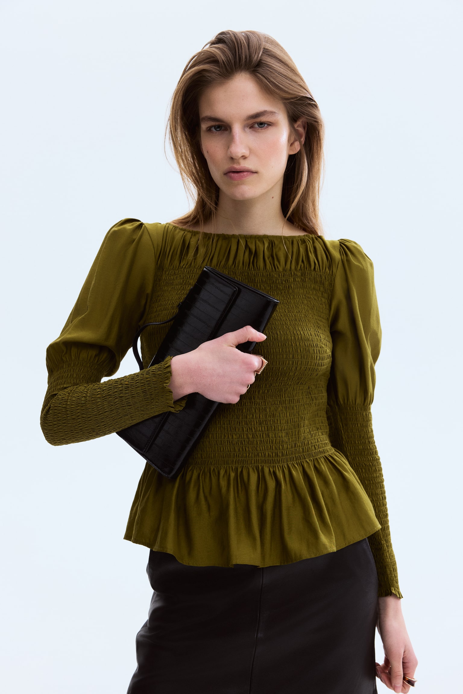 Smocked viscose-blend blouse - Dark khaki green/Light beige - 4