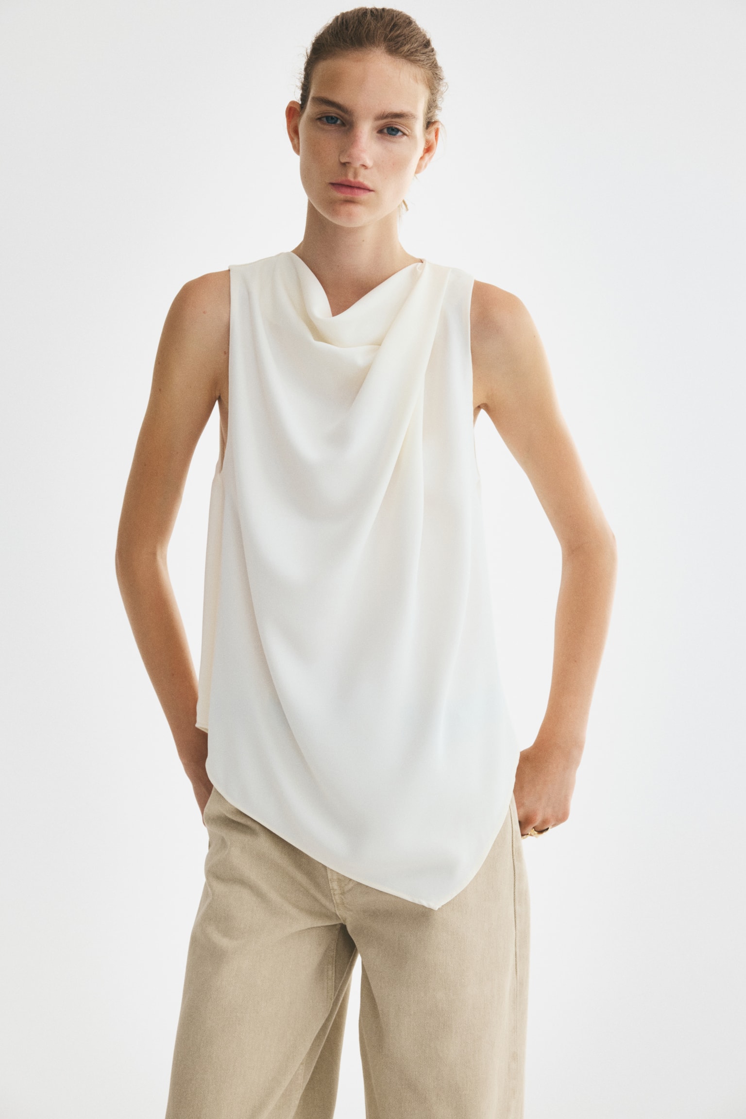 Draped handkerchief top - Cream/Bright red - 1
