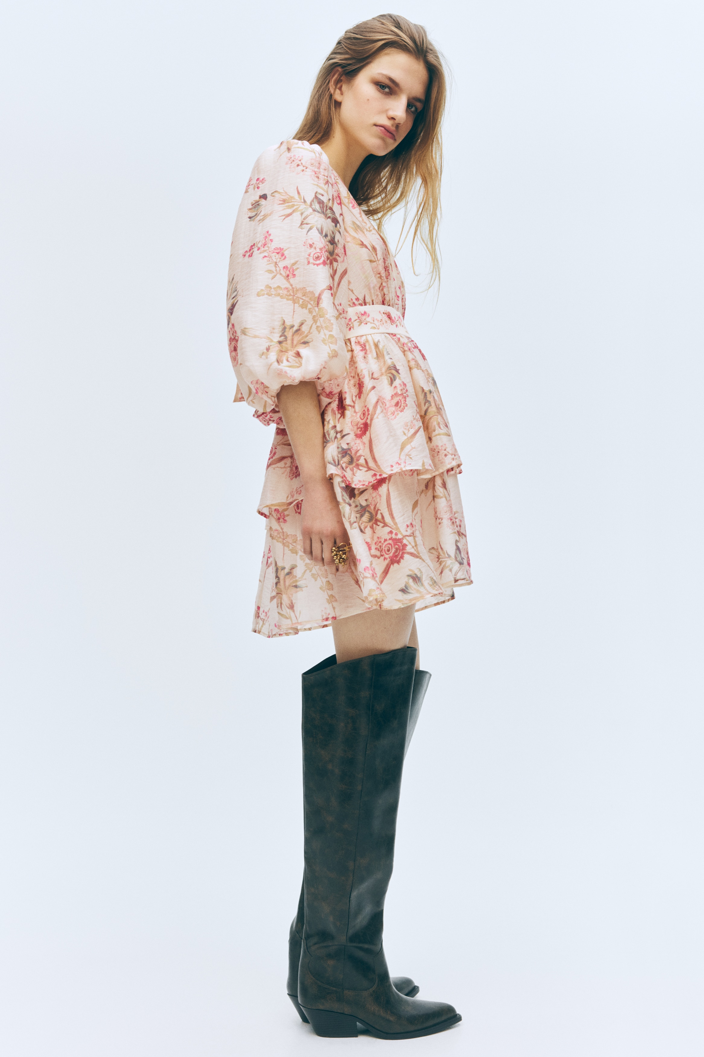 Robe en lin mélangé - Beige clair/fleuri/Noir/fleuri