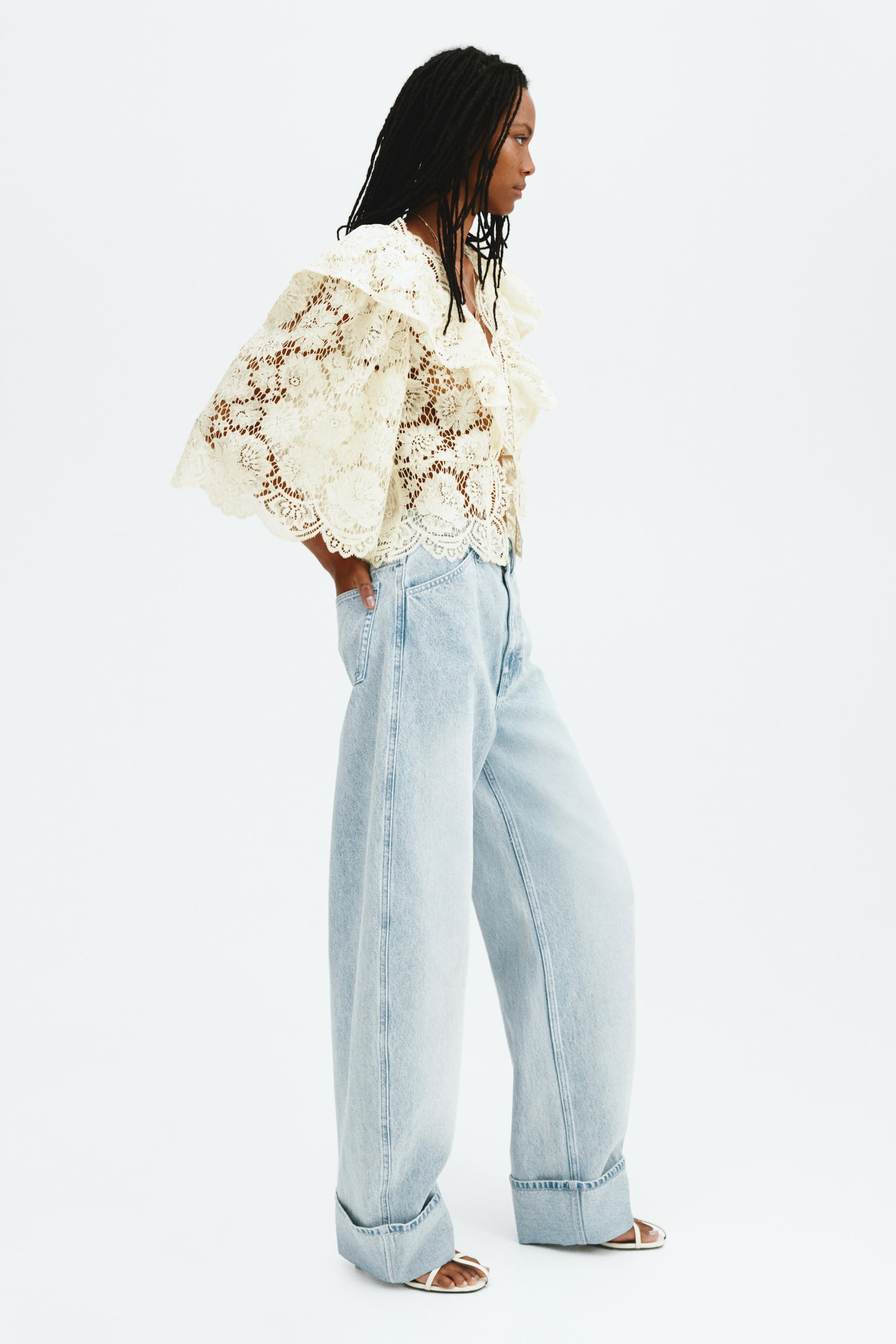 Flounce-trimmed lace blouse - Cream - 3