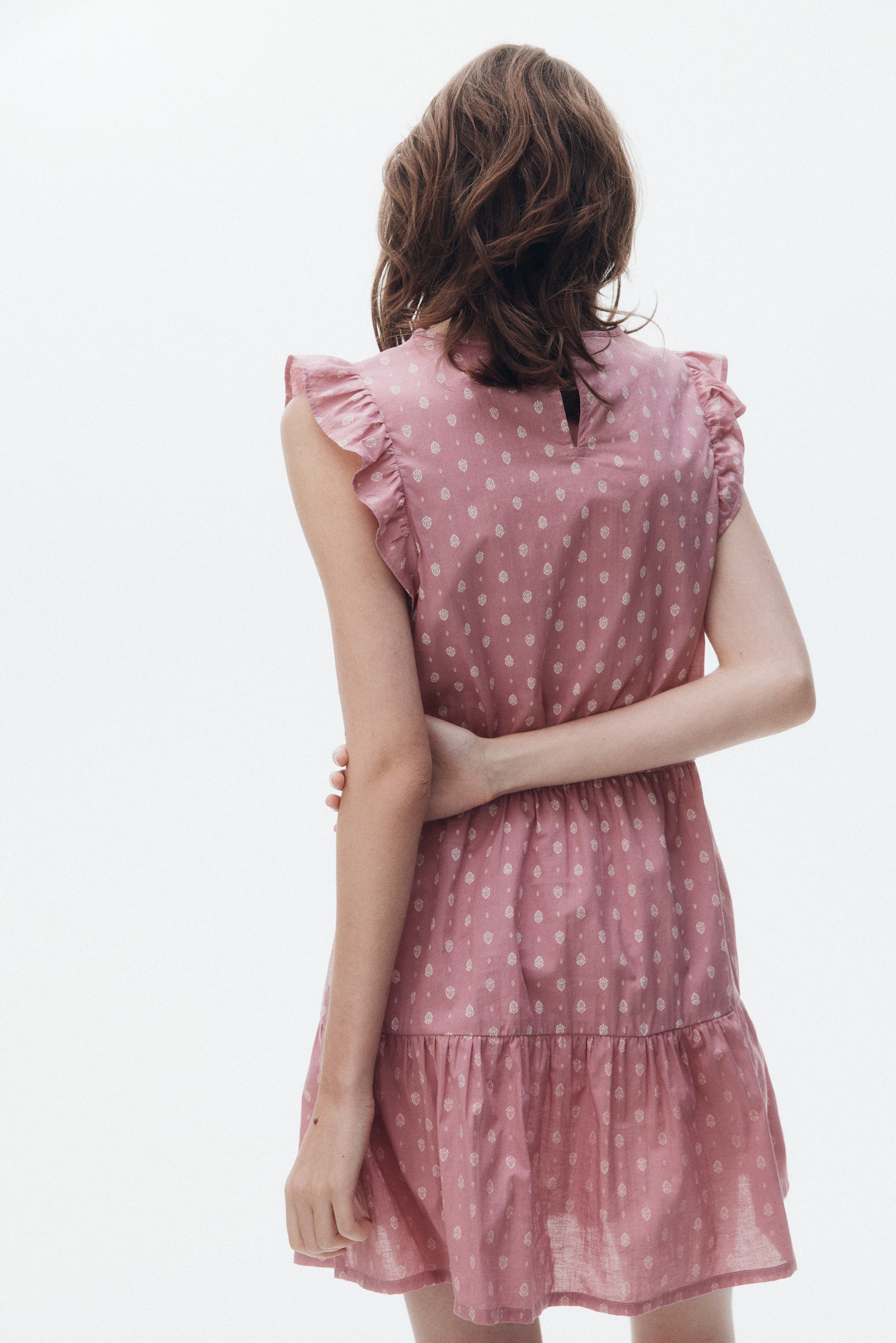 蕾絲裝飾棉質洋裝 - 粉紅色/印花 - 3