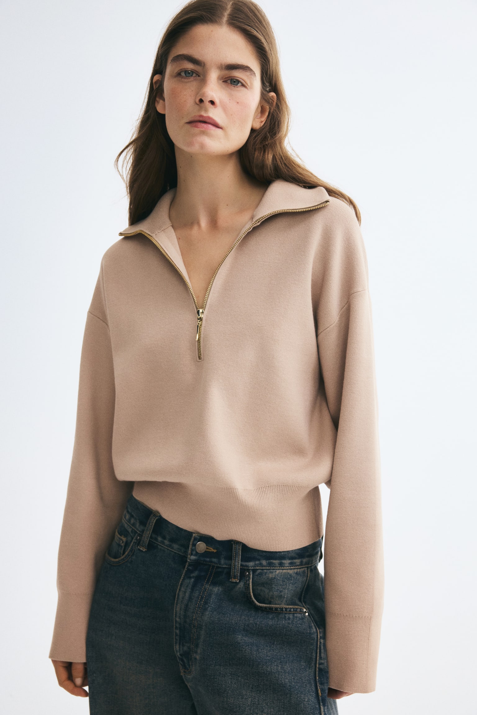 Женский свитер H&M Fine-Knit Half-Zip, цвет: Бежевый — фото 4