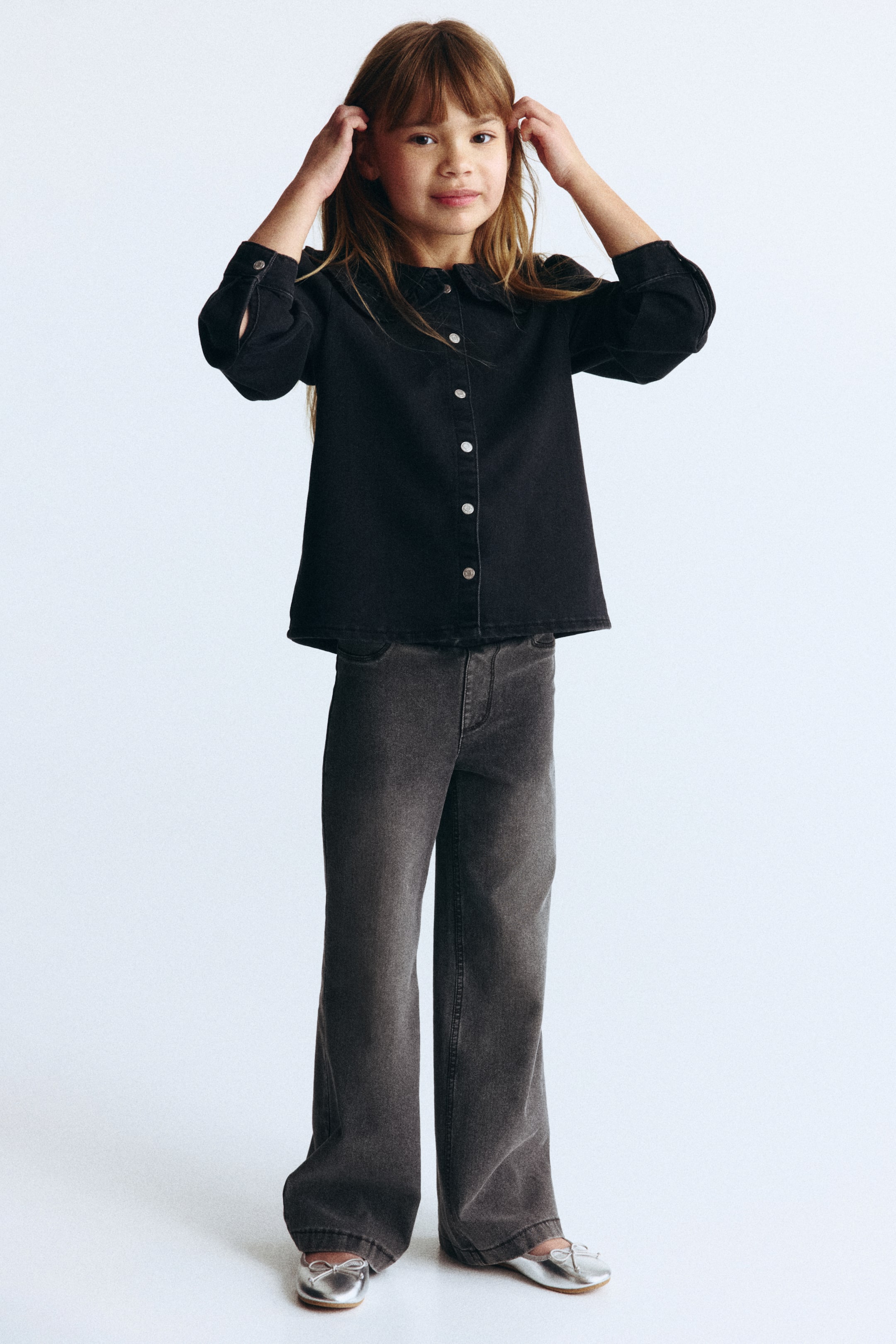 View larger image: Wide Denim-look Pants - Denim gray - Kids | H&M CA 1