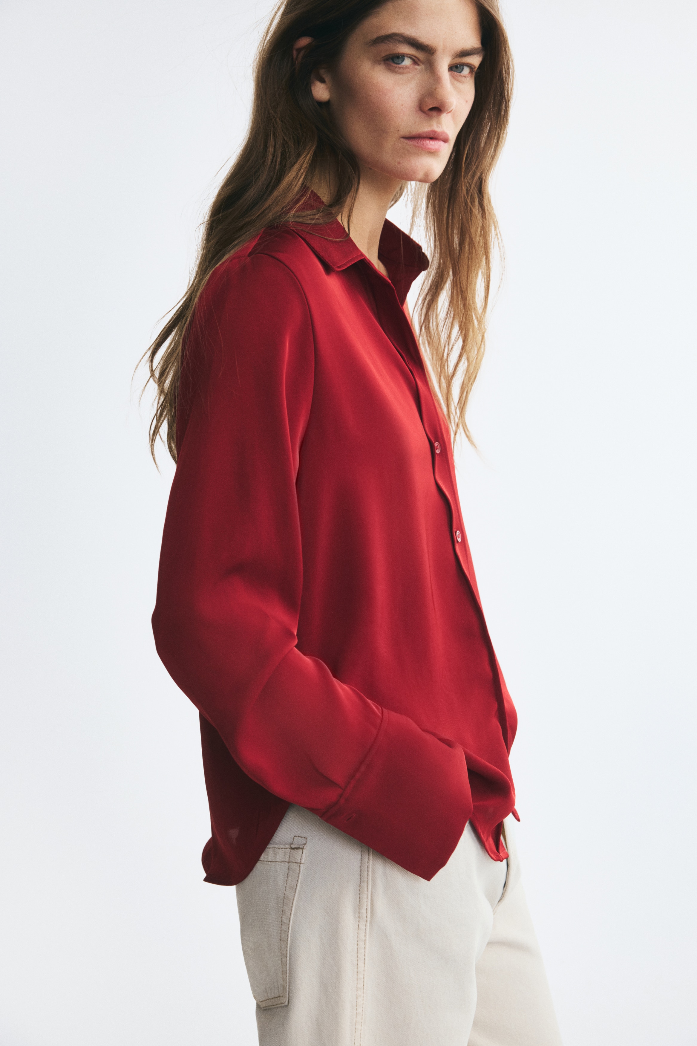 Long-sleeved satin shirt - Dark red/Dark beige/Dark blue/Cream