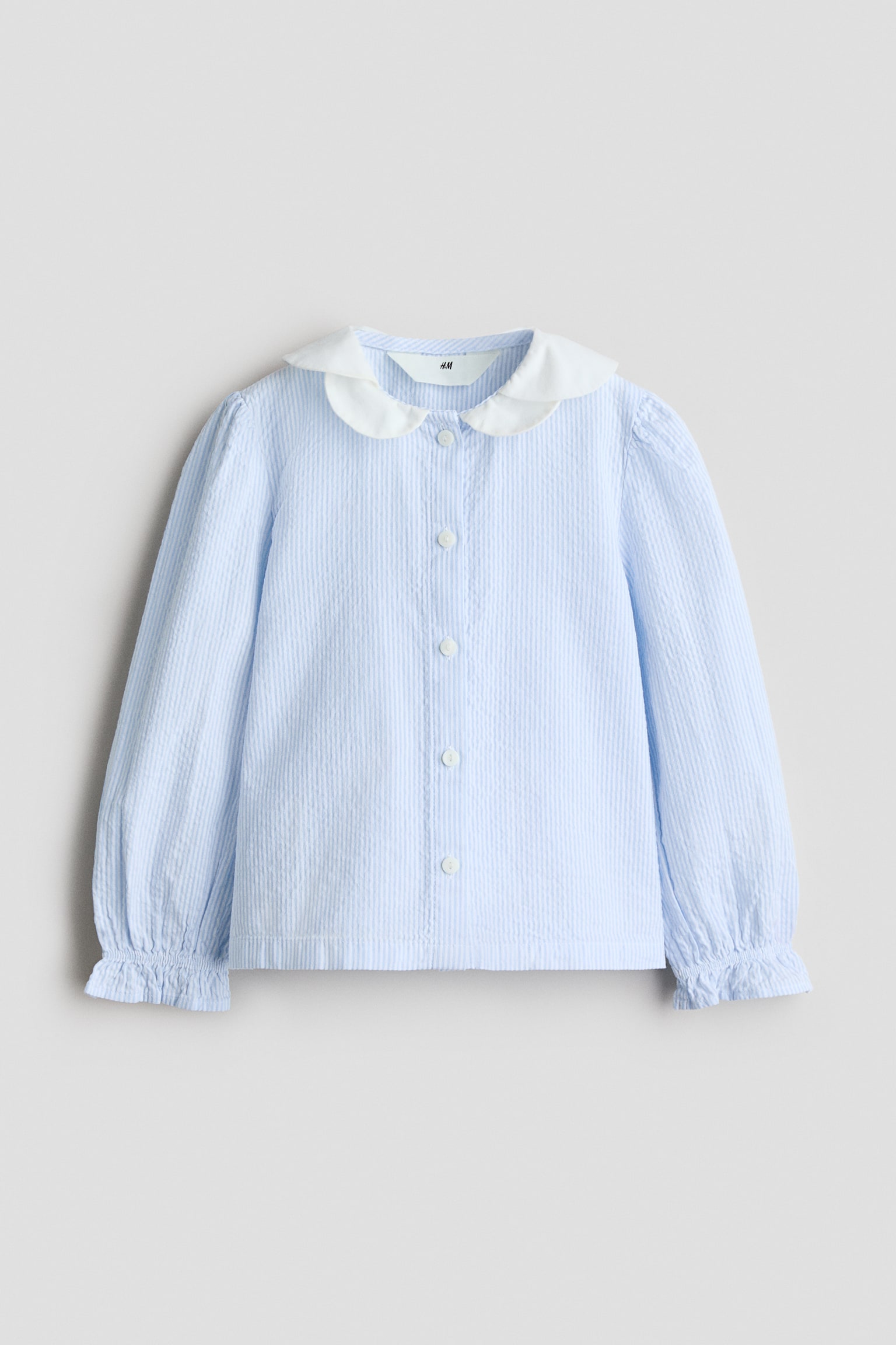 Puff-sleeved seersucker blouse - Light blue/Striped/White