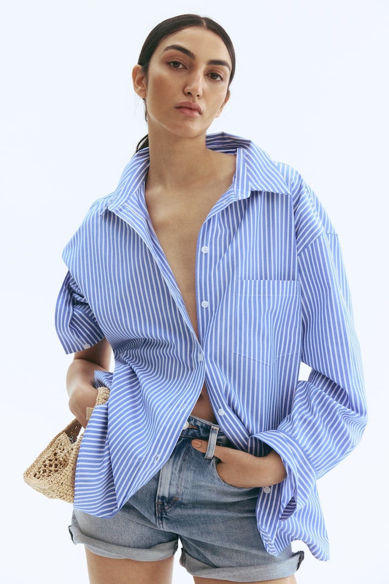 Oversized cotton poplin shirt Light blue/White striped Ladies
