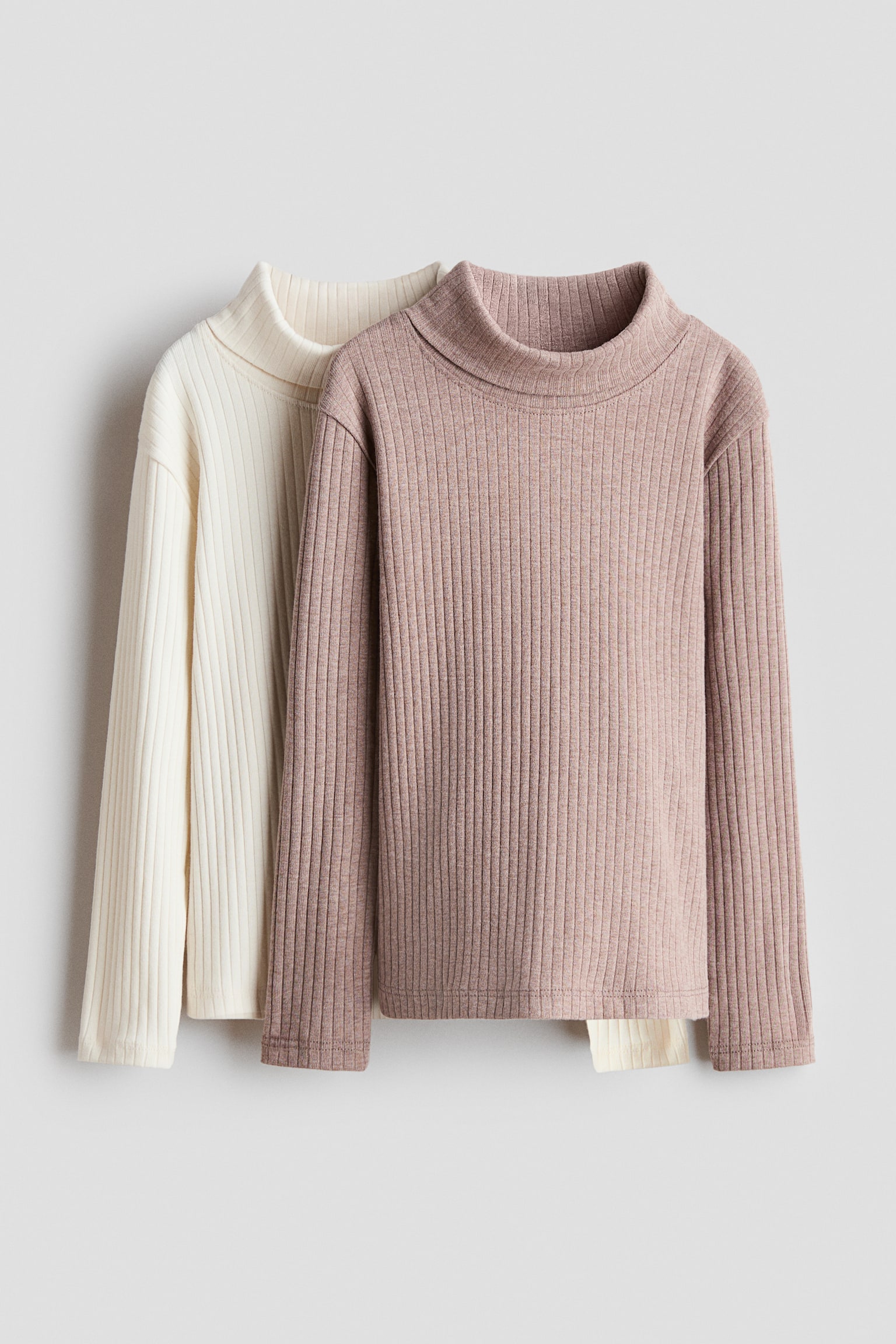 2-pack ribbed polo-neck tops - Beige/Cream/Dark dusty pink/Cream striped - 1