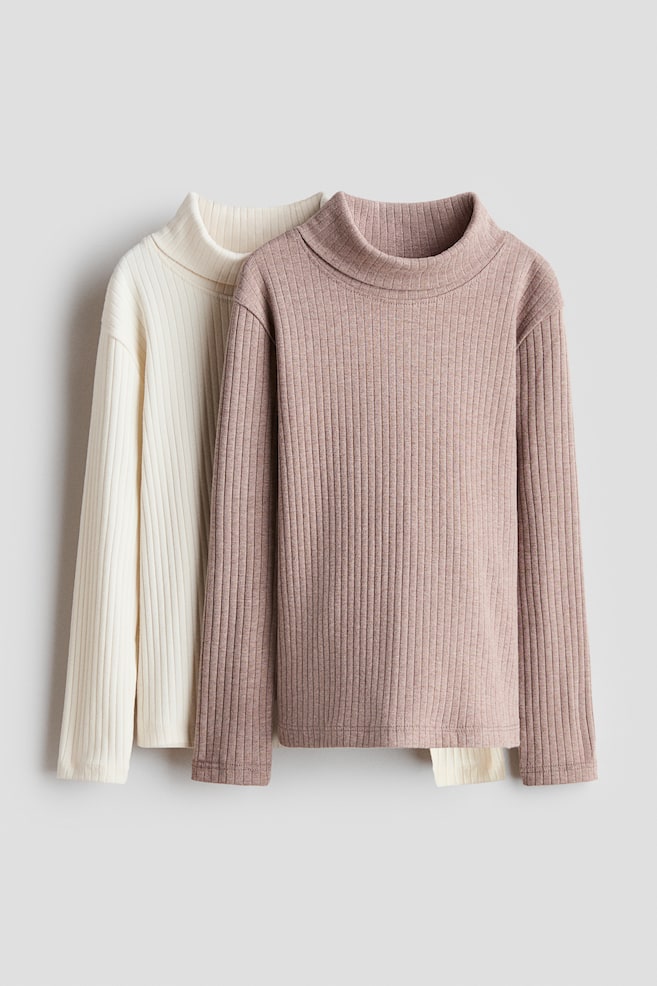 2-pack Ribbed Turtleneck Tops - Beige/cream/Dark dusty pink/cream striped - 1