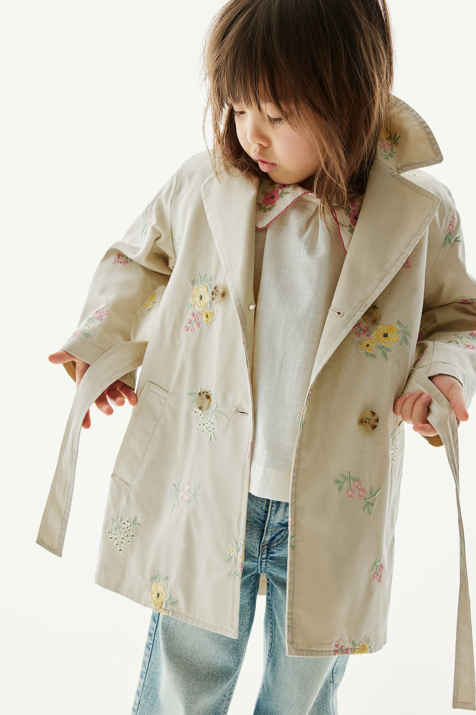 Embroidered Trench Coat - Beige/Floral - 5