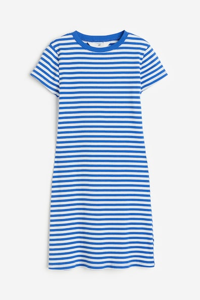 Ribbed T-shirt dress - Round neck - Short sleeve - Bright blue/Striped ...