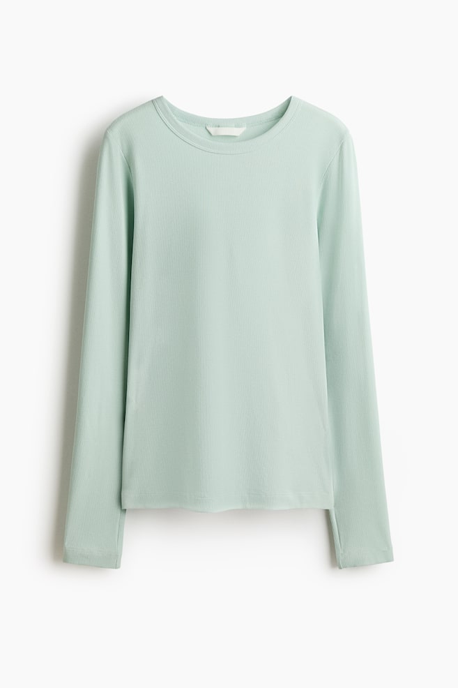 Ribbed Cotton-Blend Top - Light turquoise/Gray melange - 1