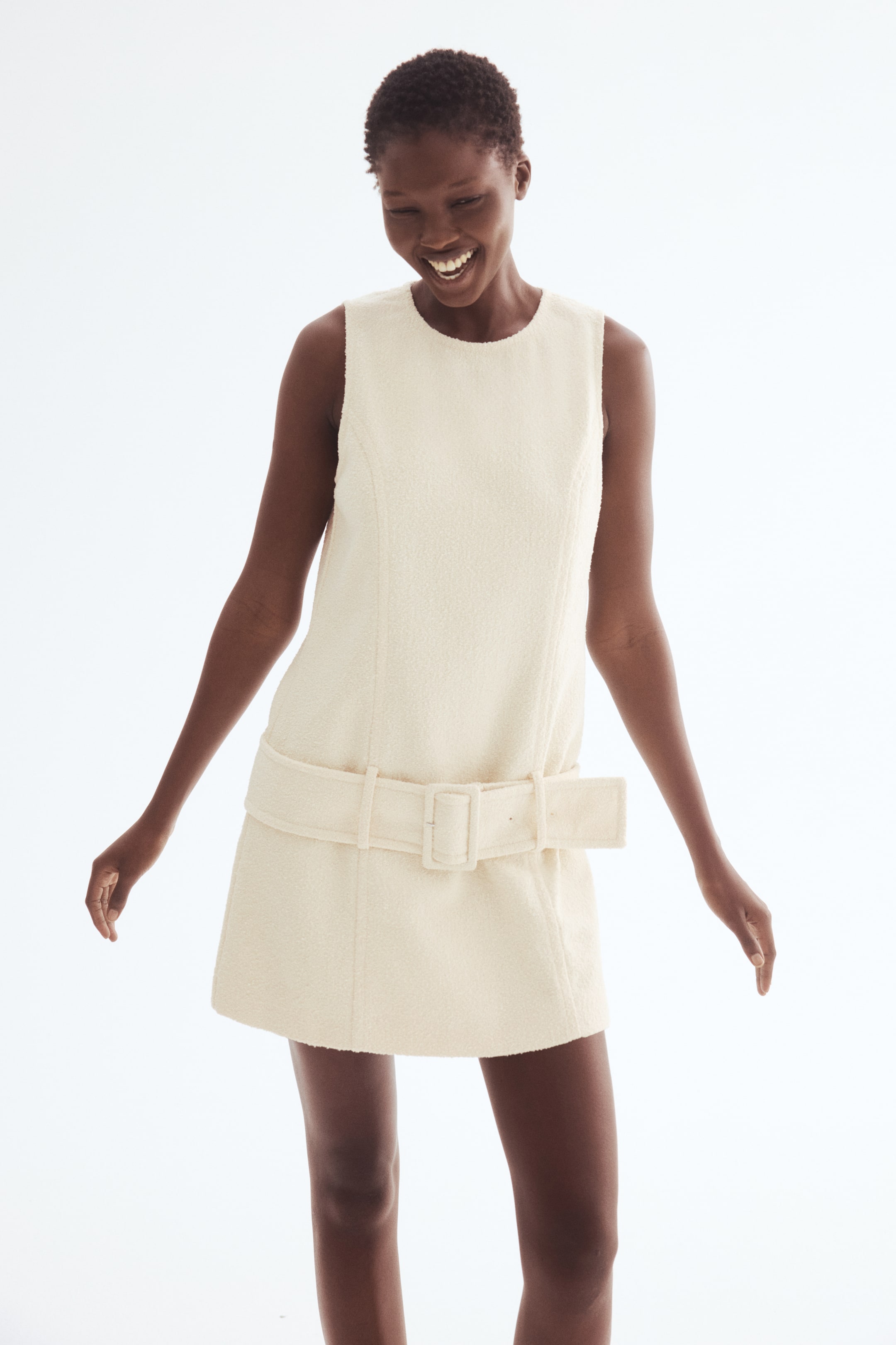 View larger image: Belted bouclé dress - Cream - Ladies | H&M SG 3