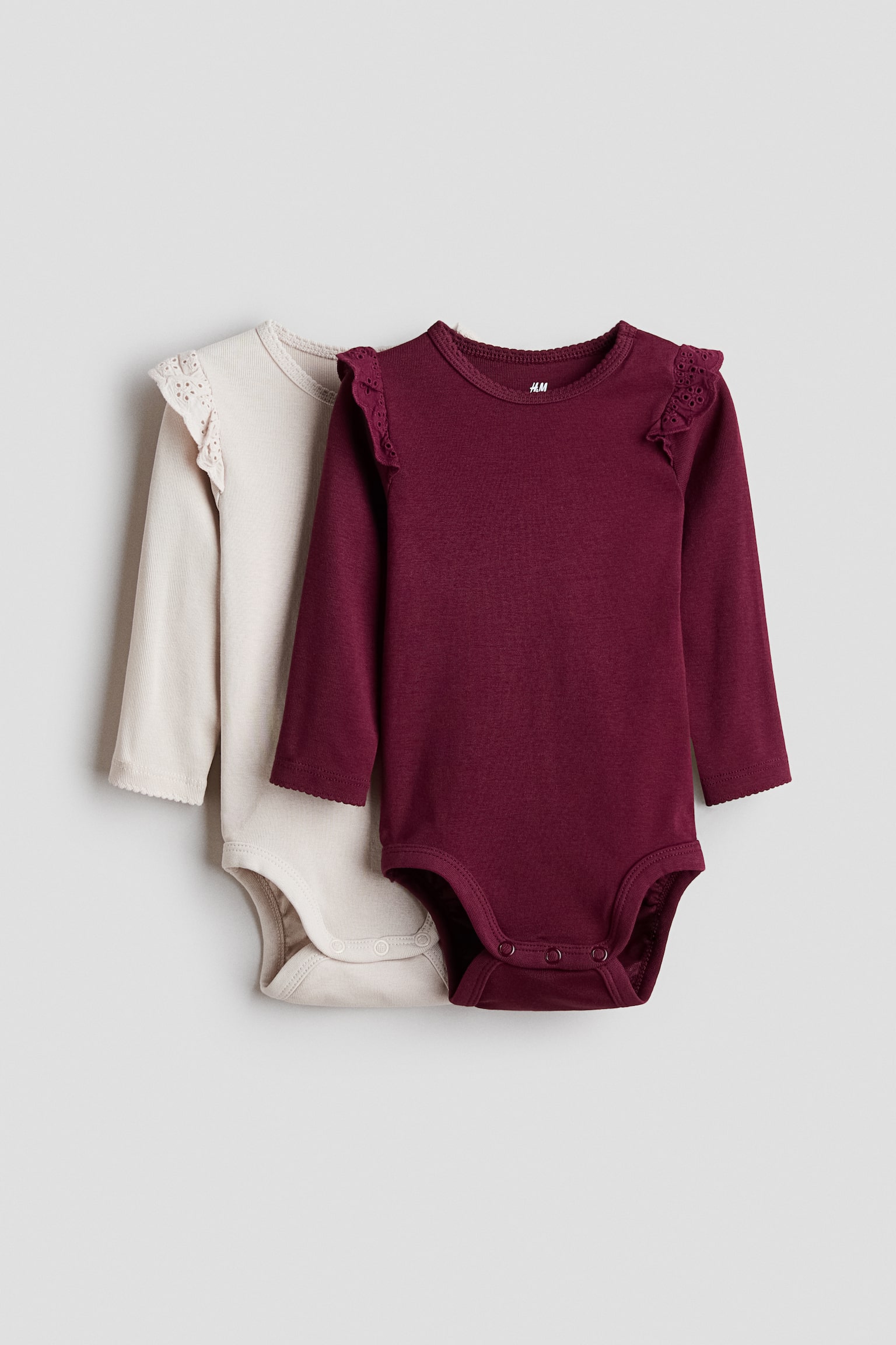 2-pack frill-trimmed cotton bodysuits - Dark red/Light mole
