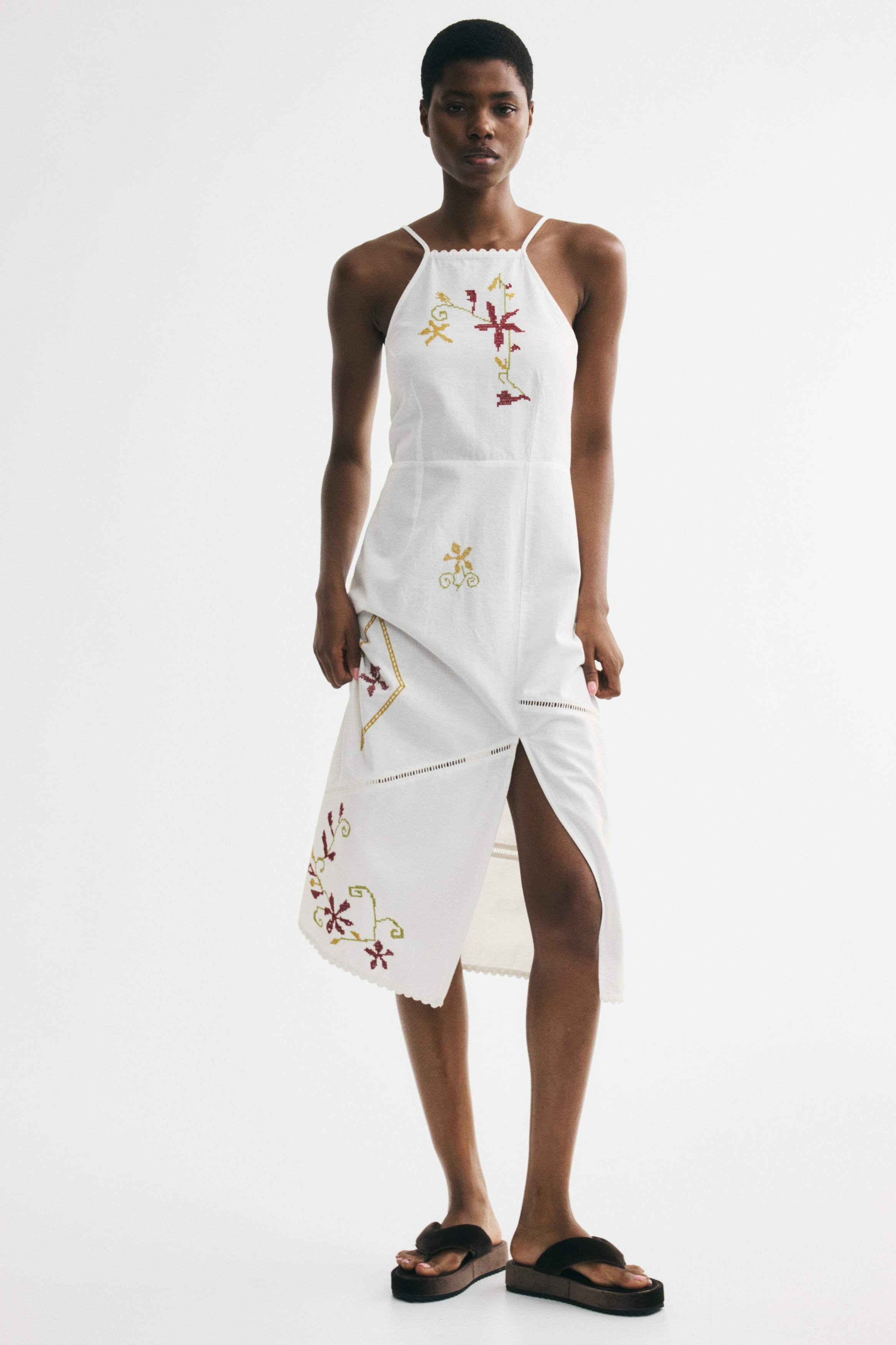 linen blend embroidered dress h&m Women's White/lemons Linen-Blend Strappy Dress