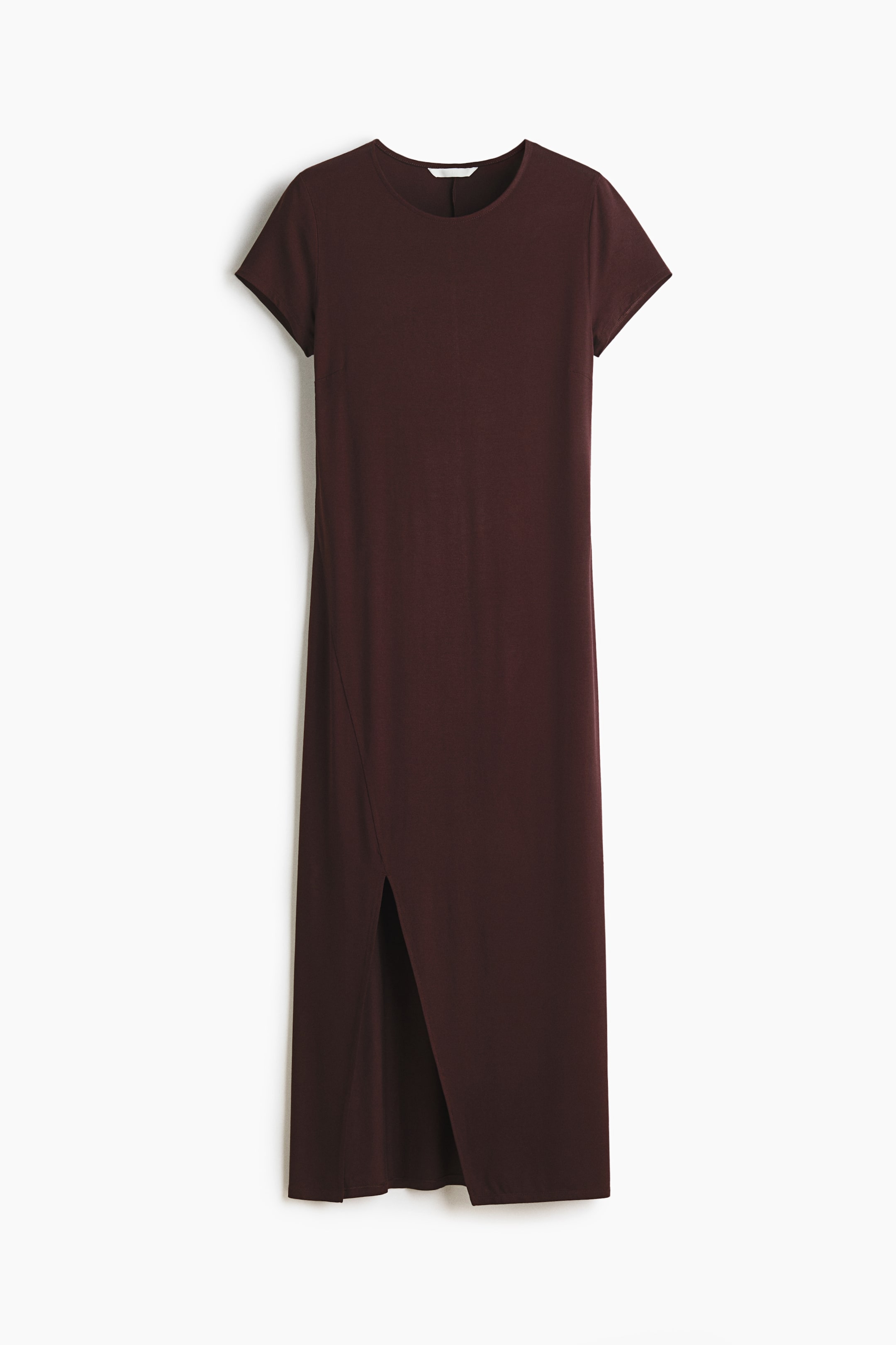 View larger image: A dark burgundy midi-length dress featuring a round neckline and short sleeves. A diagonal overlapping slit is visible on the front left side of the skirt.