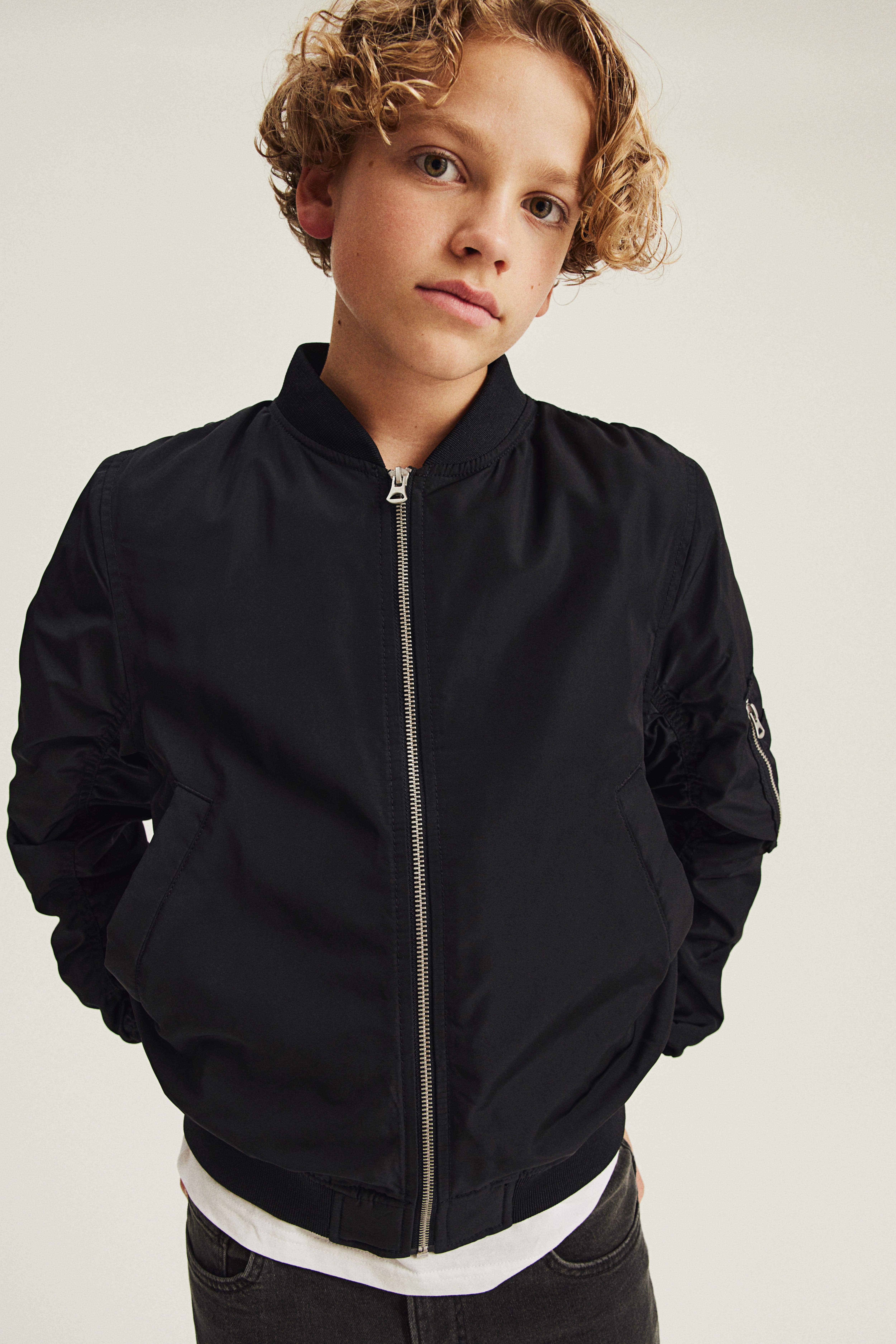 HUGO - Kids' bomber jacket in stretch satin with double logo