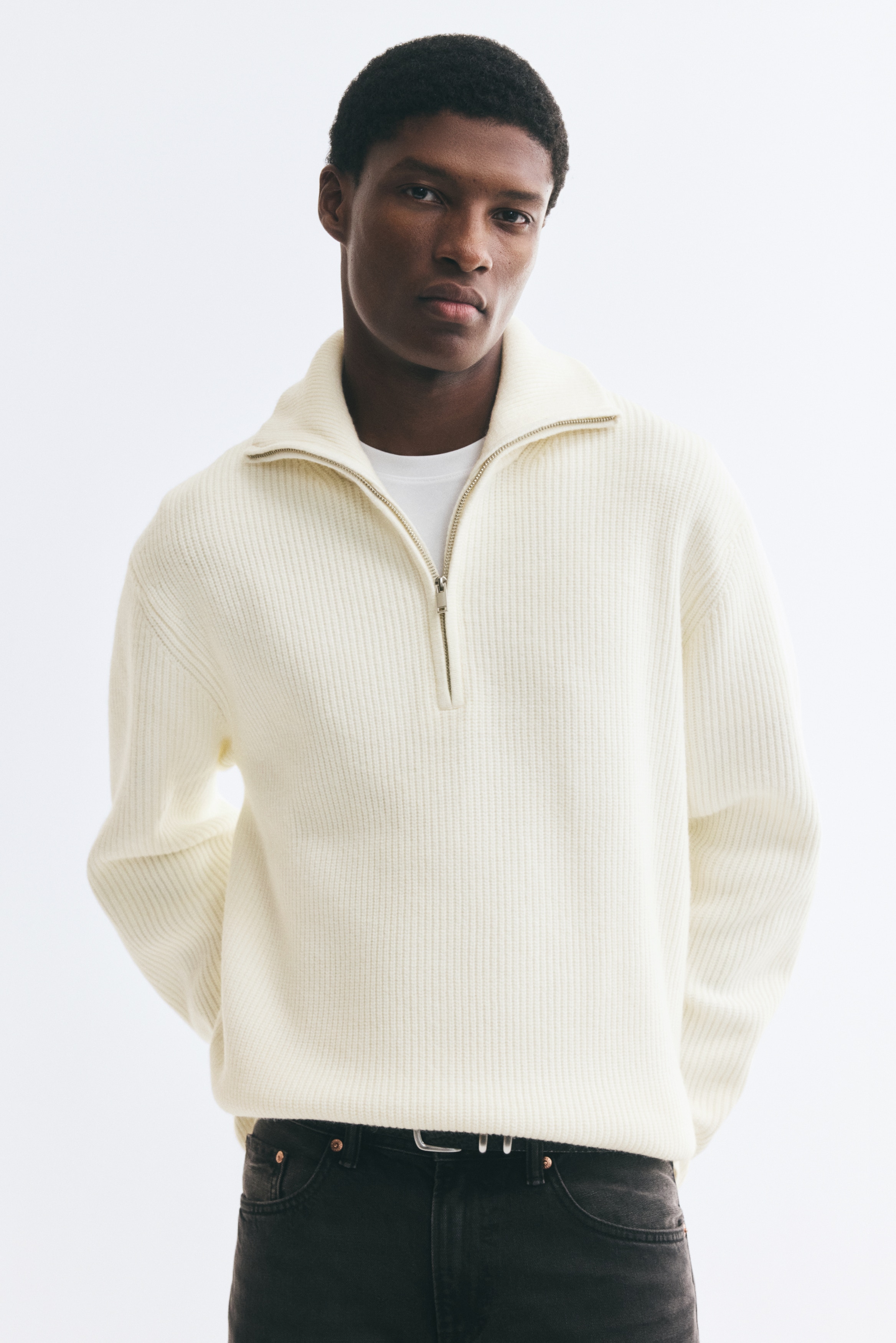 Pullover a coste con mezza cerniera Relaxed Fit - Crema