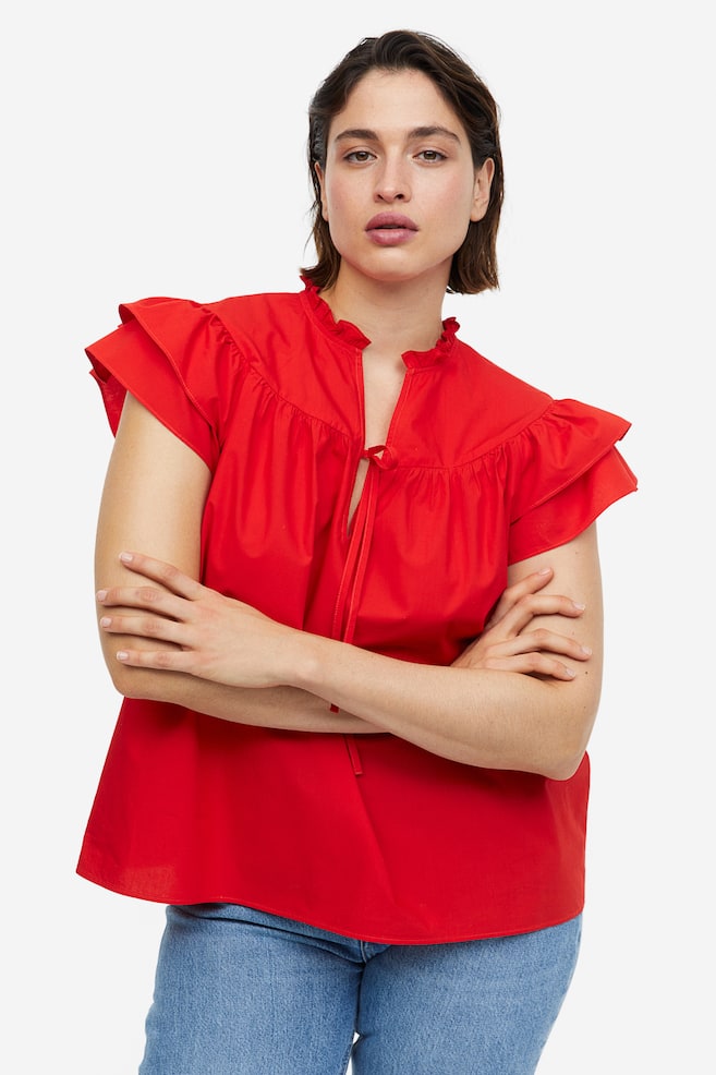 Flutter-sleeved poplin blouse - Red/White - 1