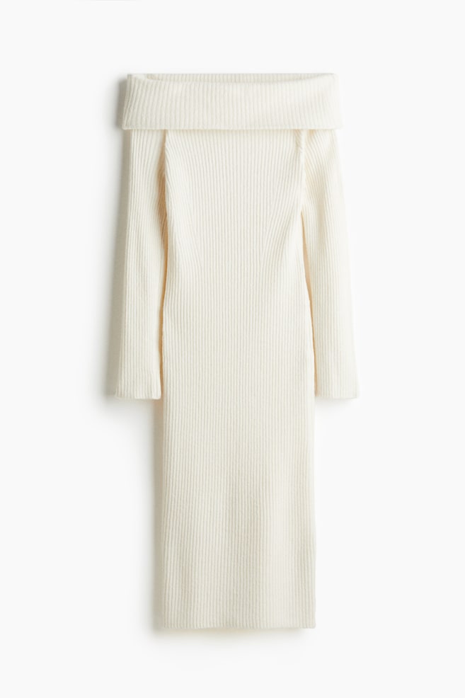Rib-Knit Off-the-Shoulder Dress - White - 1