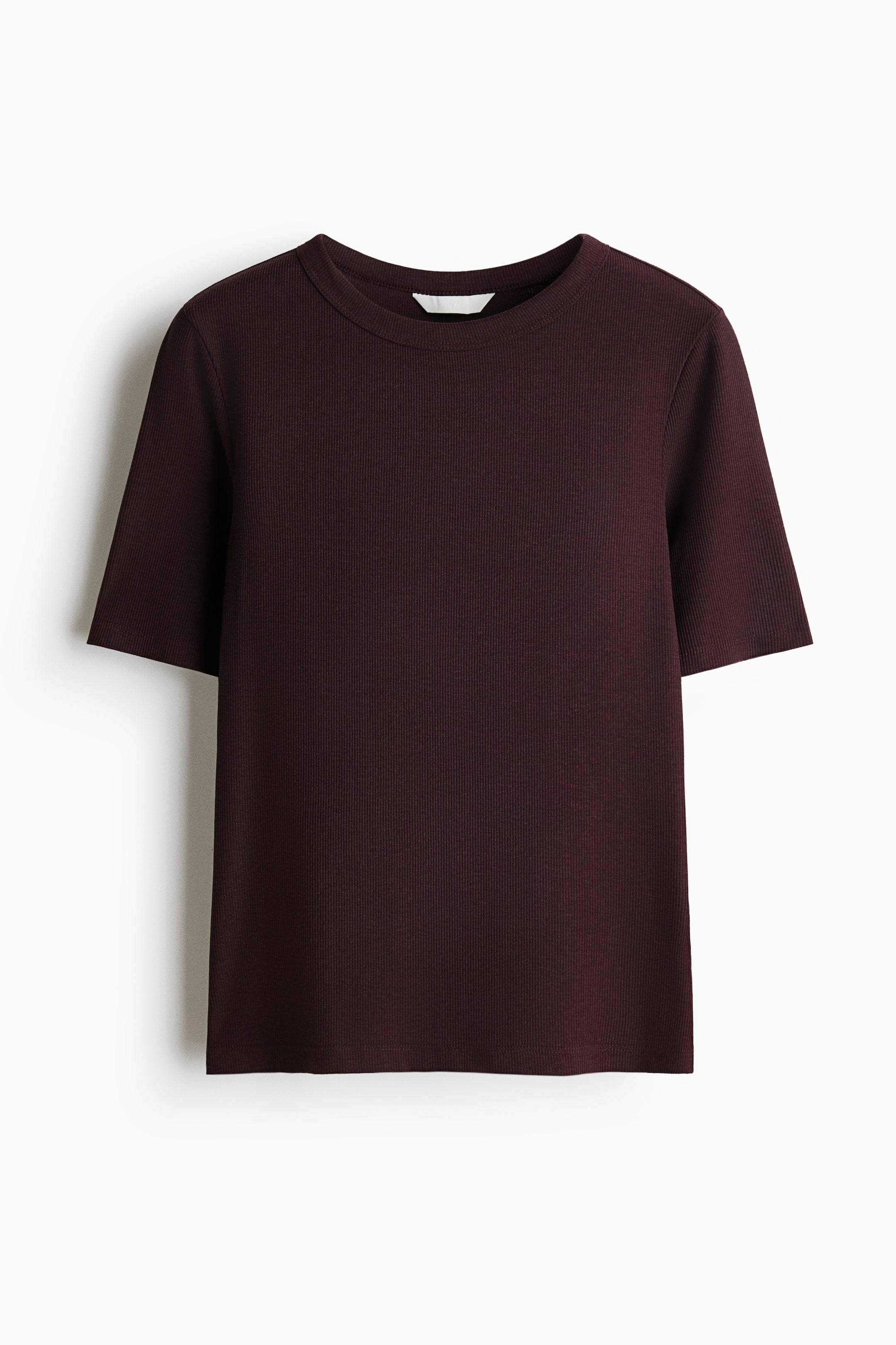 View larger image: A fitted, dark red t-shirt is displayed from the FRONT. Crafted from ribbed jersey, it features a round neckline with ribbed trim and short sleeves. The bottom hem is straight-cut.