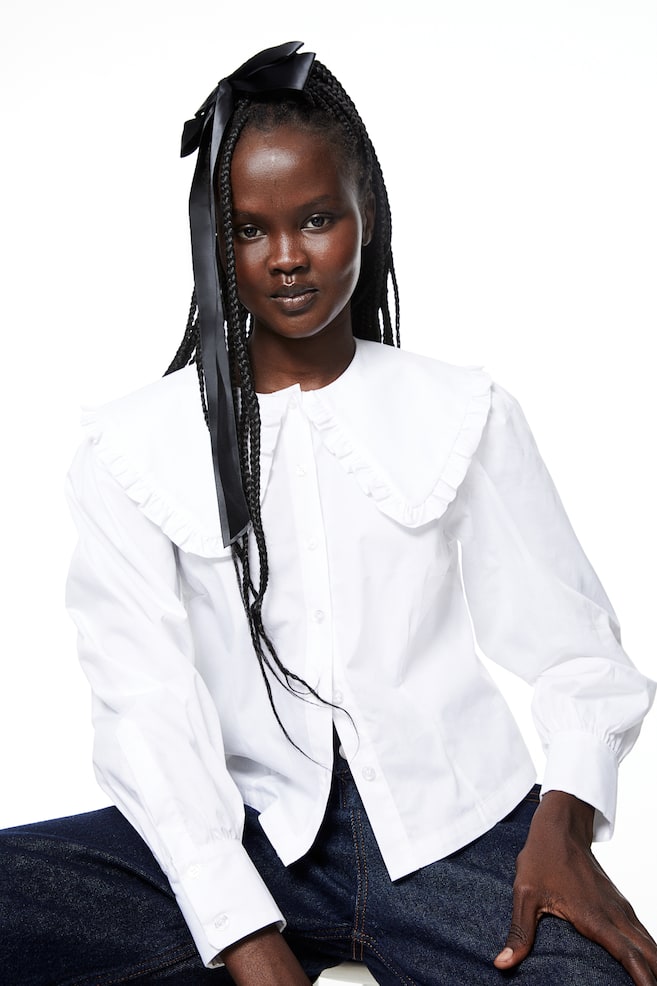 Collared poplin blouse - White/Black - 1